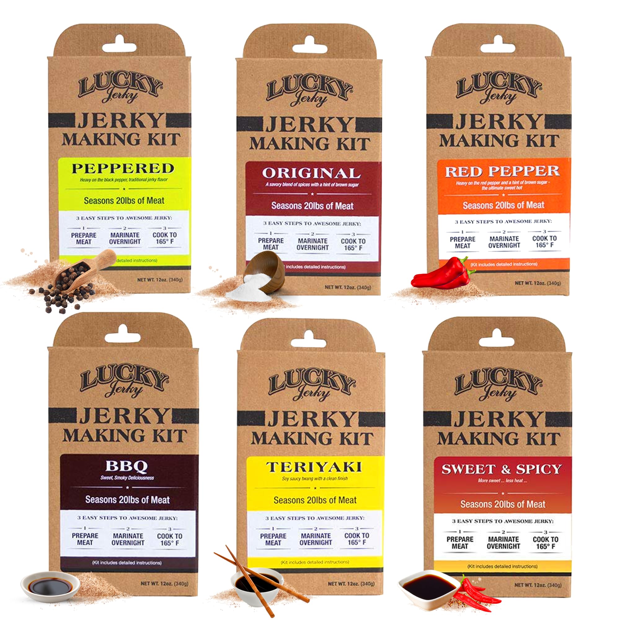 Lucky Beef Jerky DIY Jerky Seasoning and Cure Kits - Variety Pack with Six Flavors | Make Your Own with Sweet and Spicy, Peppered, Red Pepper,