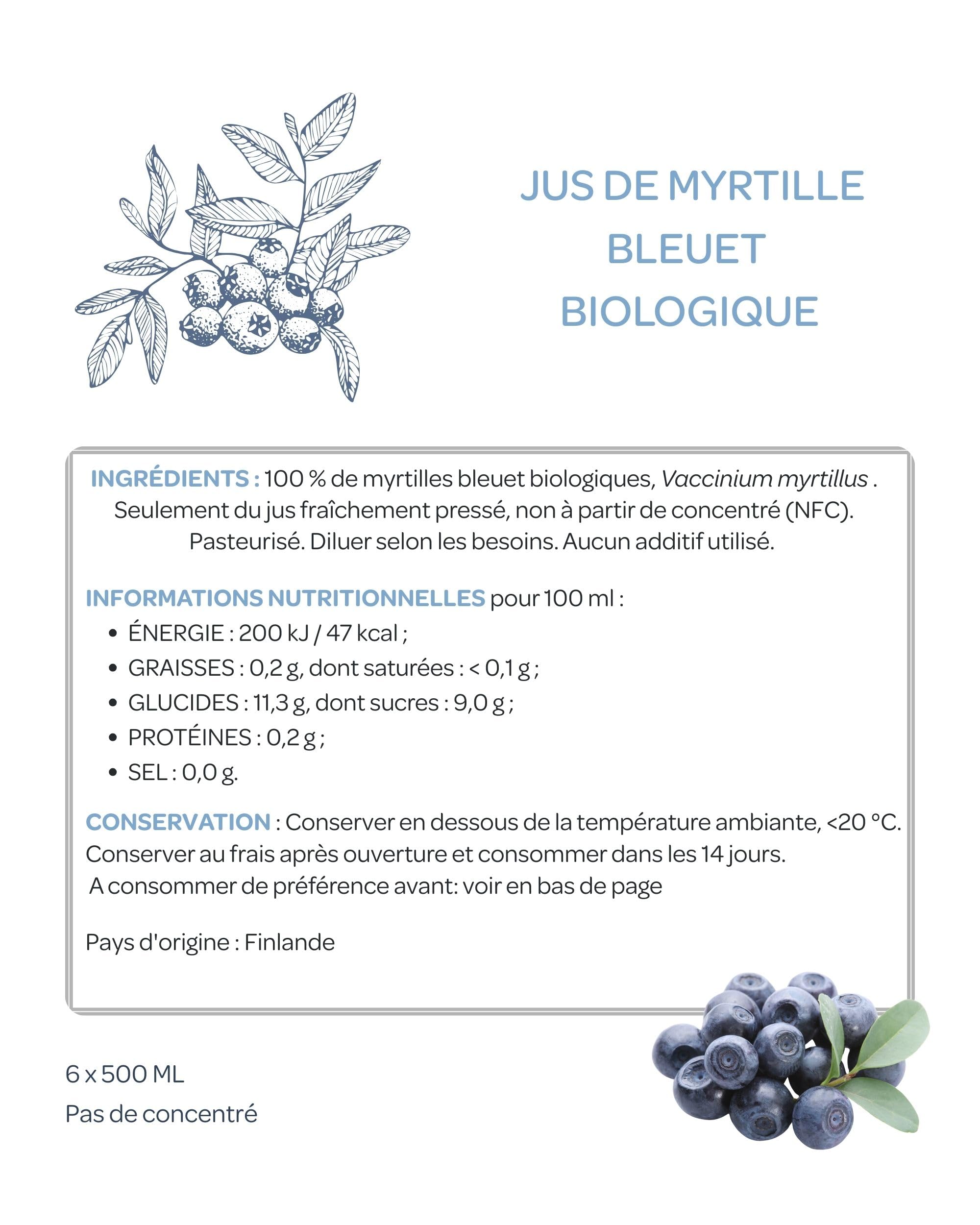 Jus de myrtille sauvage bio LOOV – 100% pur jus, pressé à froid, sans sucre ni eau ajoutés, sans concentré – 6 bouteilles en verre de 500 ml