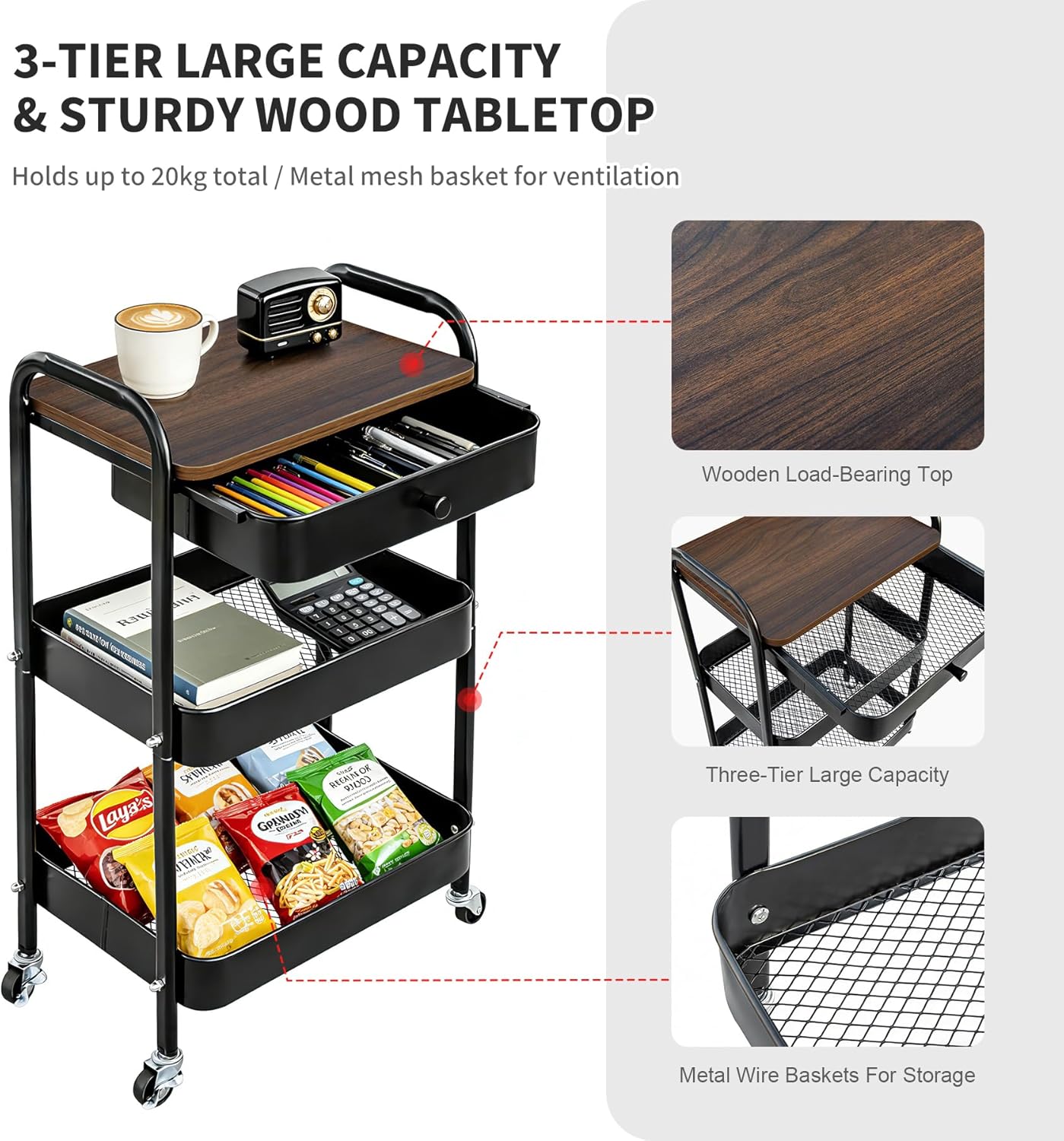 3-Tier Rolling Storage Cart with Wooden Top and Drawer, Metal Mesh Mobile Utility Cart with Handle and Lockable Wheels, Multipurpose Organizer Trolley for Kitchen, Living Room, Bathroom,Office