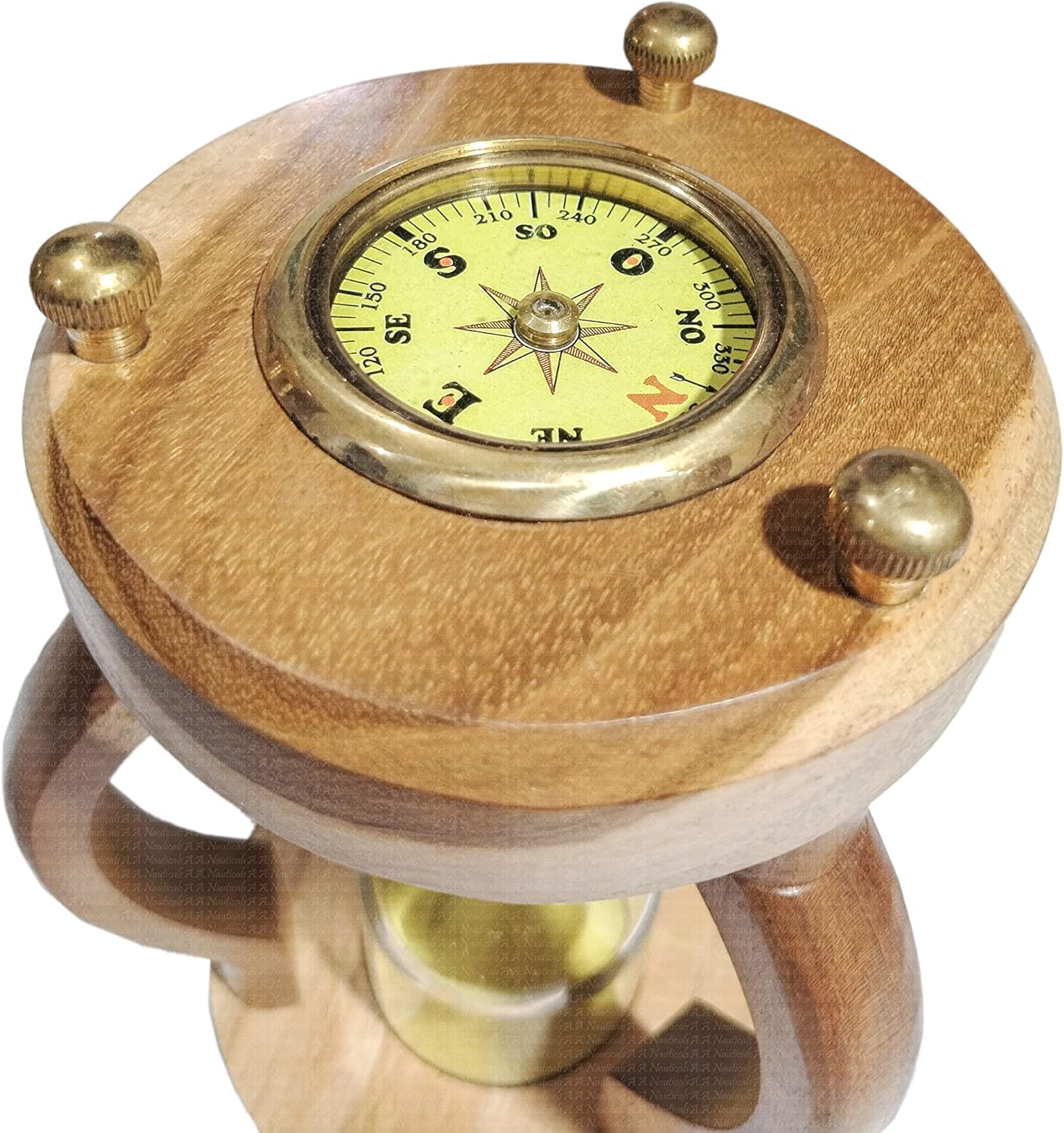 A.A.Nauticals - Wooden Sand Clock 10 Min Hourglass Timer with Navigation Compass(Round Base, Yellow)- Wooden Home Decoration, Table Centrepiece - AANST25
