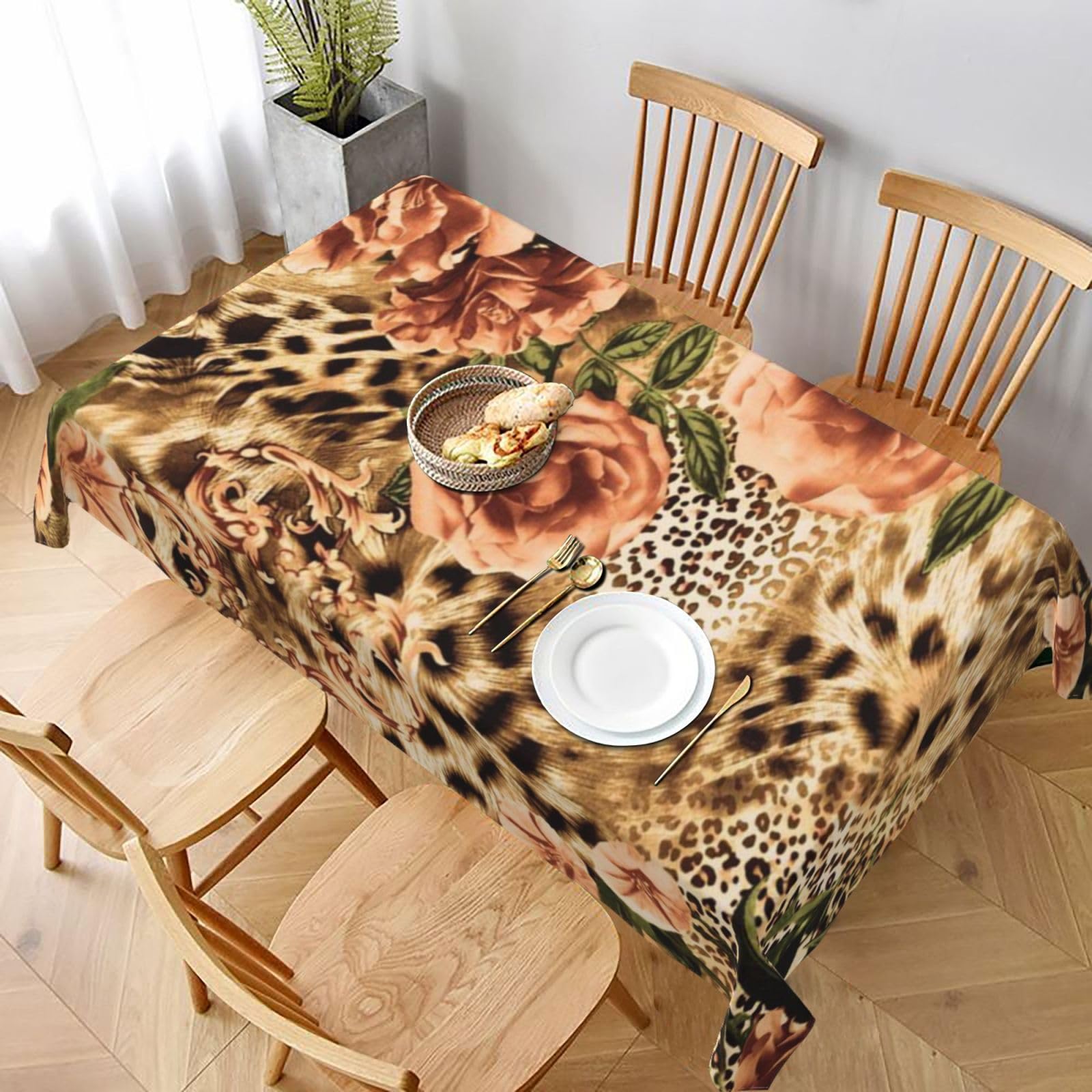 BNVSADC Striped Leopard Printed Rectangle Tablecloth 228x152 CM, Water Resistant Polyester Table Cloth Decorative Fabric Table Covers for Kitchen Dining Table Parties Camping