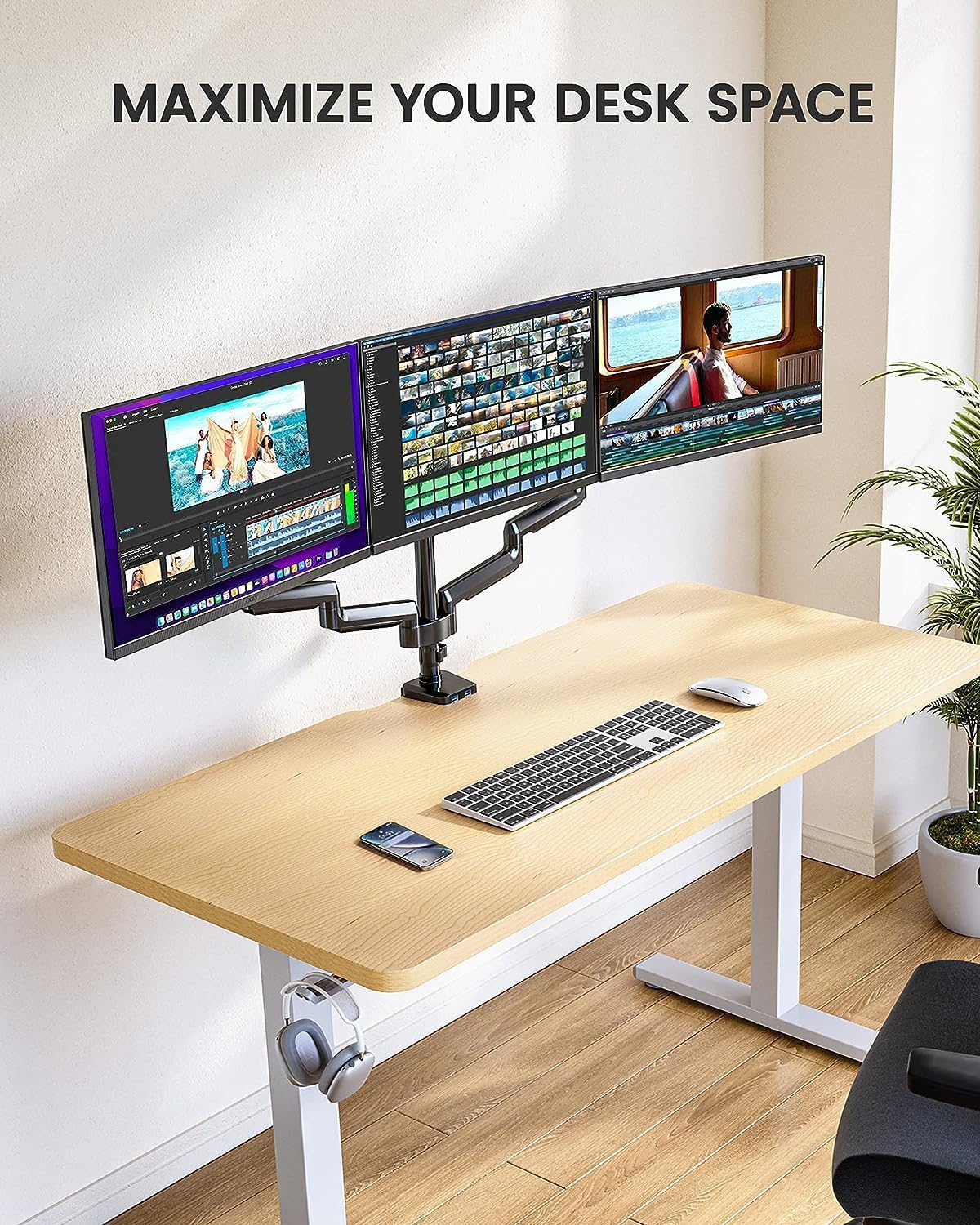 ErGear Monitor Halterung 3 Monitore für 13 bis 27 Zoll Bildschirme, Bildschirmhalterung 3 Monitore mit 2 USB-Anschlüssen; Jeder Monitorarm trägt max. 8kg, Gaming Monitorhaltrung mit VESA 75/100