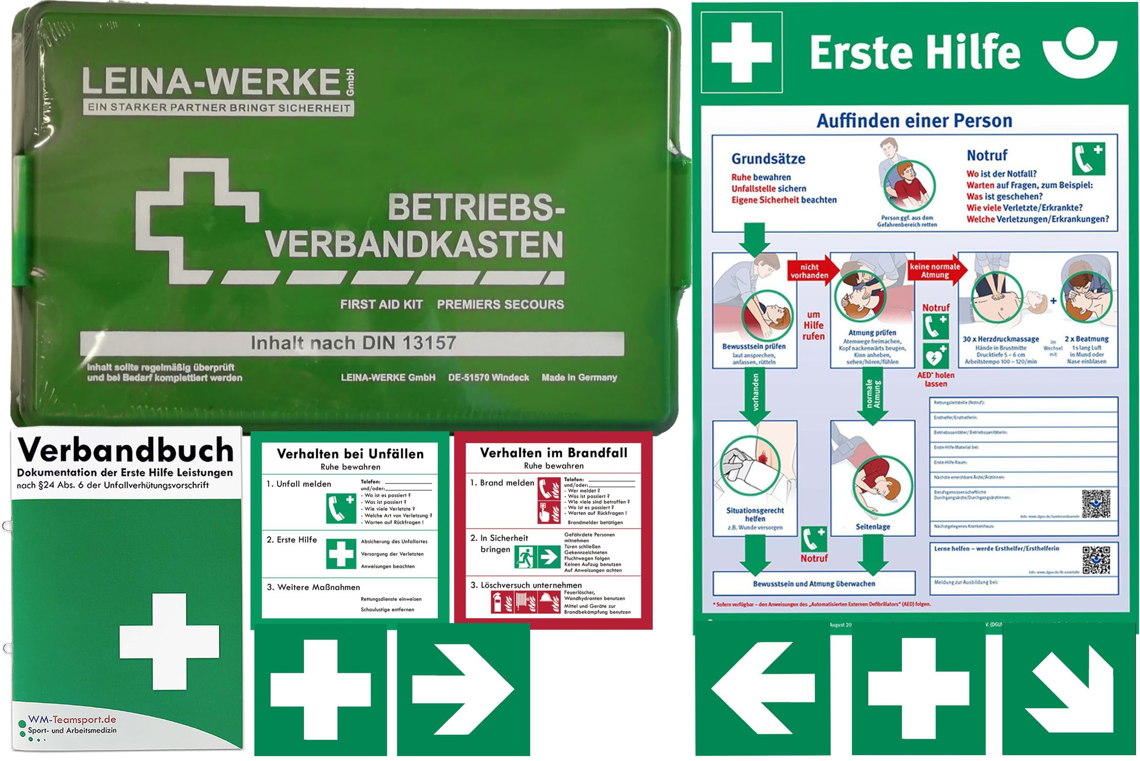 Betriebs-Verbandkasten DIN13157 mit Halterung Made in Germany + BG-Info-Paket mit Aushang Erste-Hilfe + Sicheitszeichen + Verhalten bei Unfällen + Verhalten im Brandfall