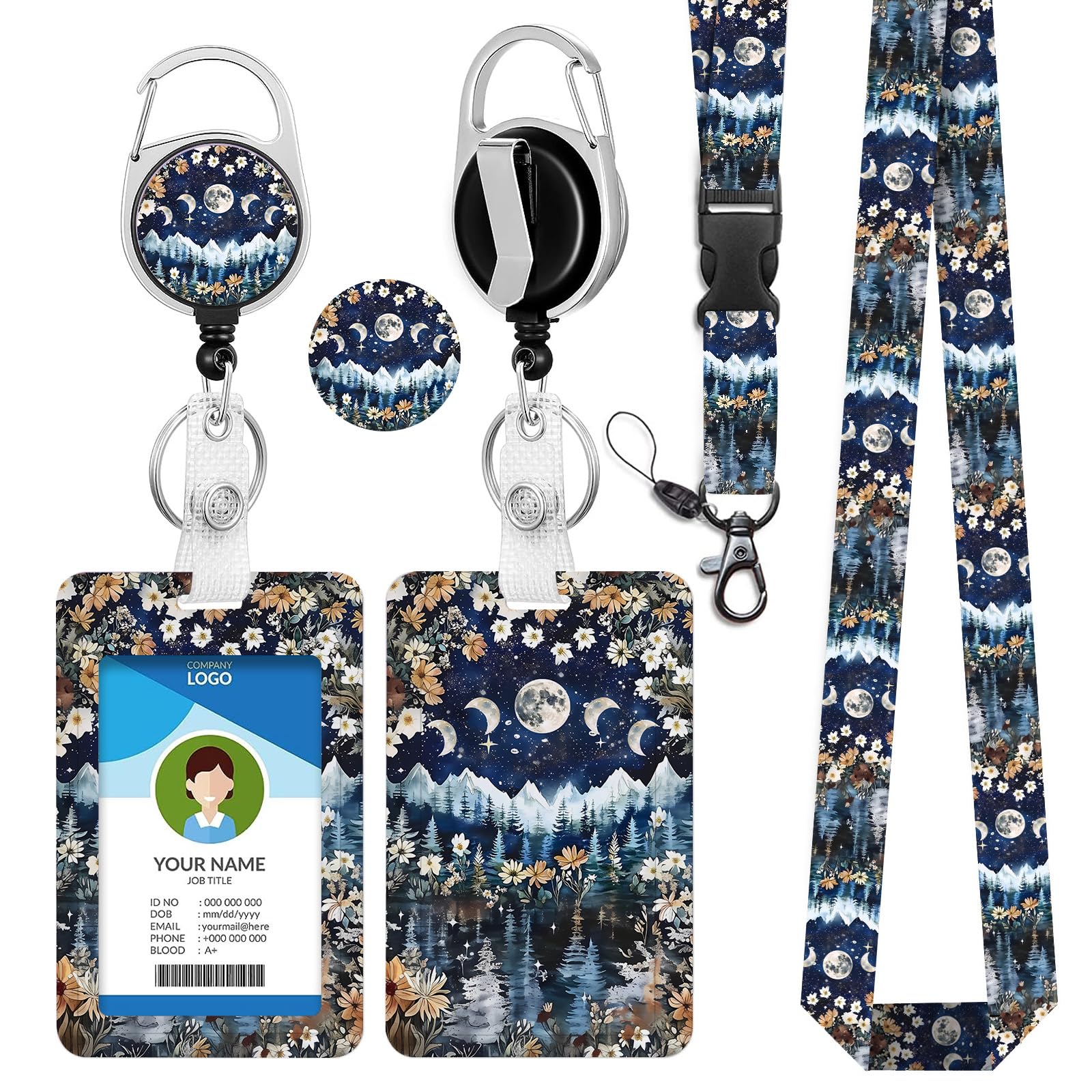 bolimoss Moon Phase Lanyards with Card Holder, Starry Night Badge Holder with Retractable Reel Clip, Moonlight Mountain Flower Night Detachable Work Name Tag Lanyard Vertical ID Card Protector