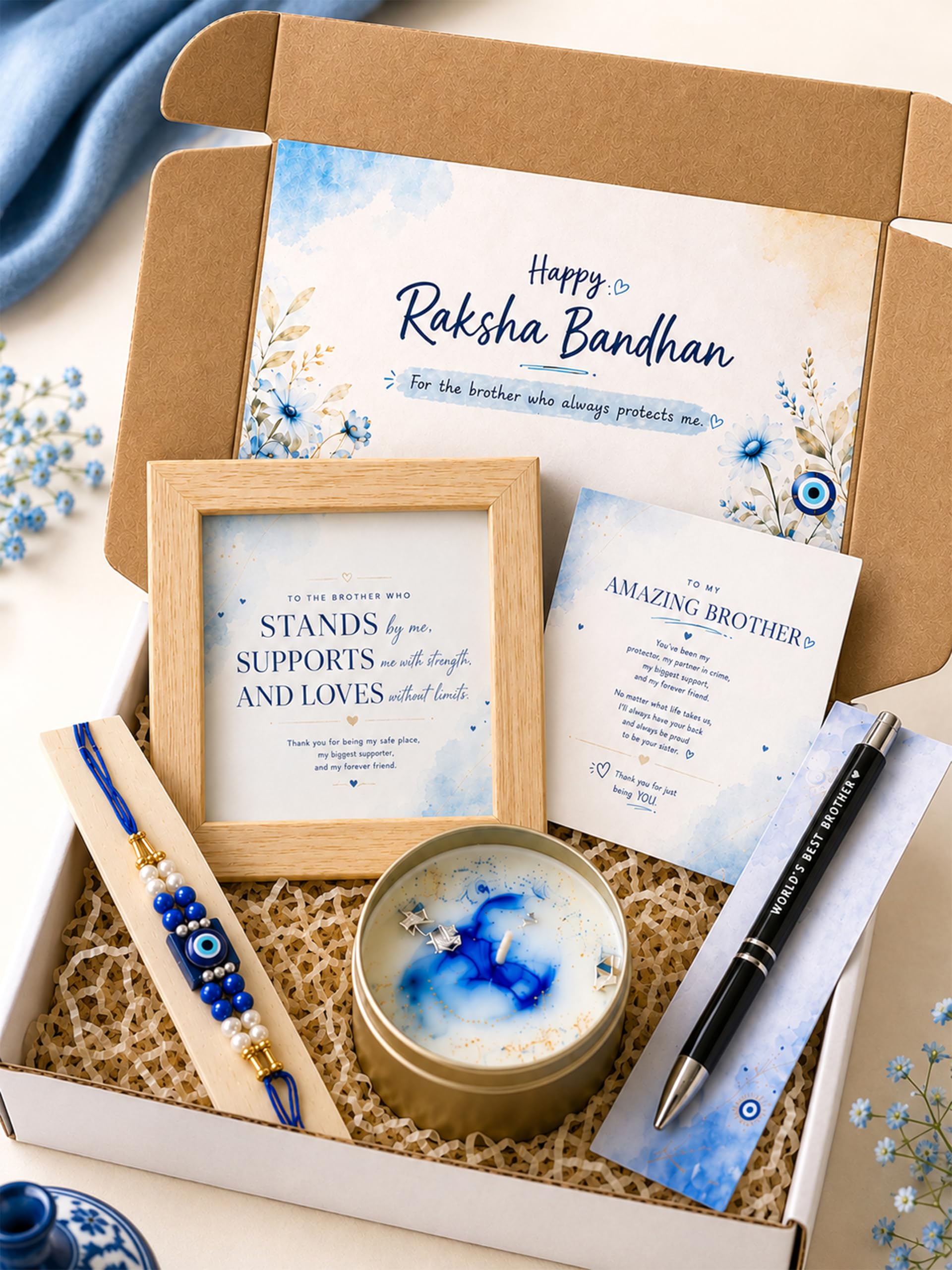 Gift Box for Brother | 5 Piece Raksha Bandhan Gift Set with Rakhi, Wooden Frame, Greeting Card, Pen & Scented Candle | Rakhi Gift Hamper from Sister, Thoughtful Gift for Bhai-image-4