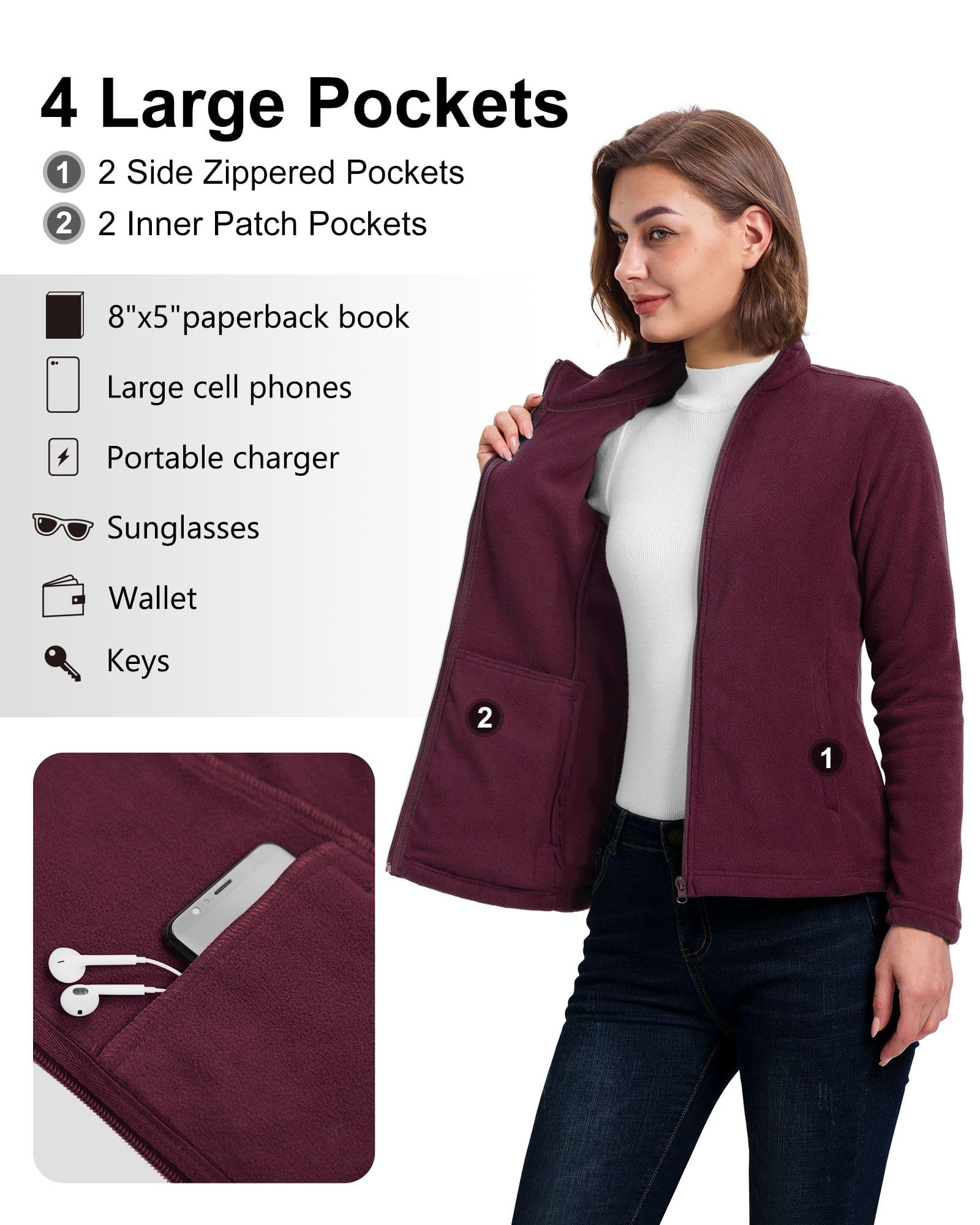 33,000ft Chaqueta de forro polar para mujer con cremallera completa, cuello alto, chaqueta ligera de forro polar, antiestática, para senderismo y ocio
