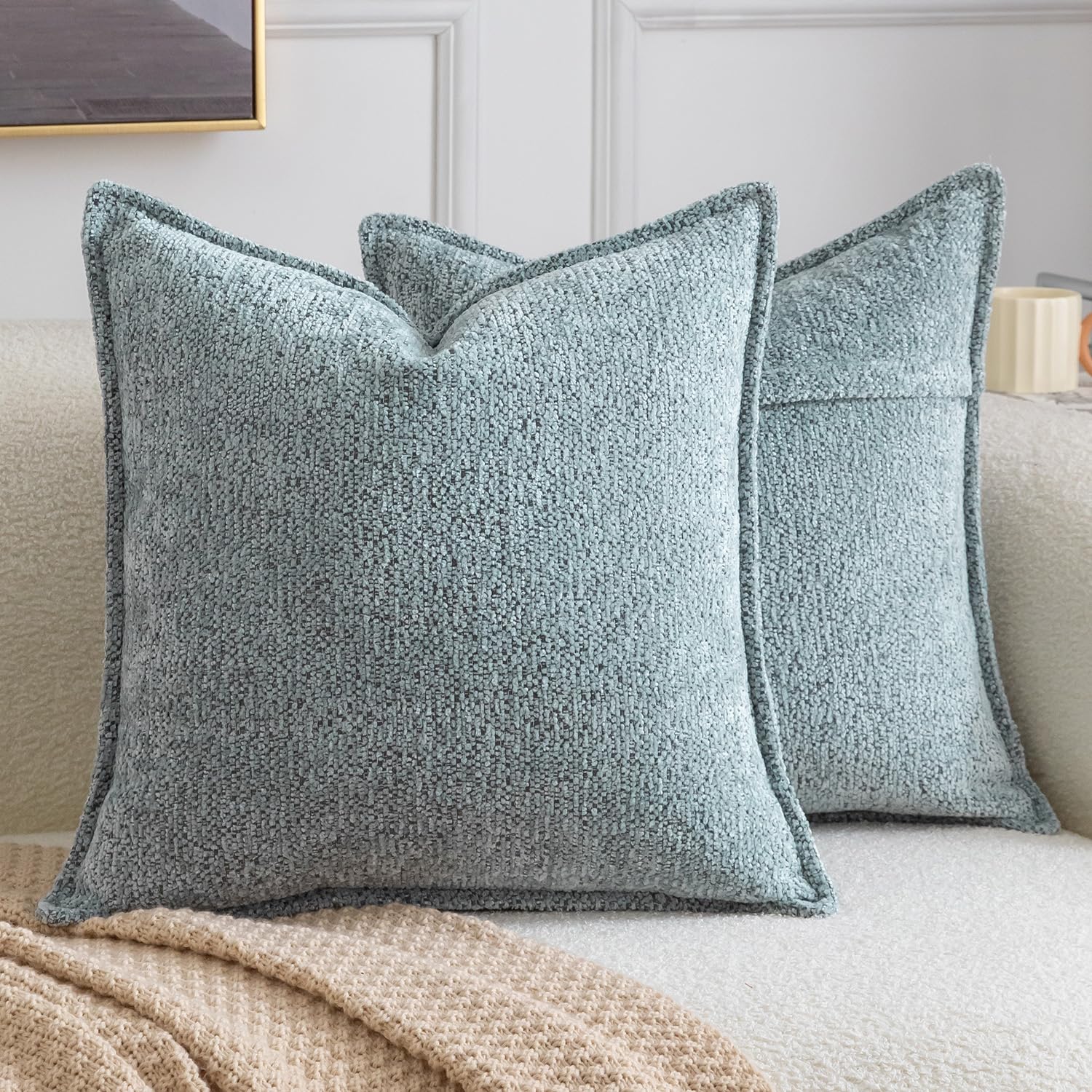 Madizz Pack of 2 Decorative Cushion Covers Boho Soft Textured Chenille Throw Pillows Solid Pillow Covers for Couch Sofa Bedroom Living Room 40x40 CM, Light Blue