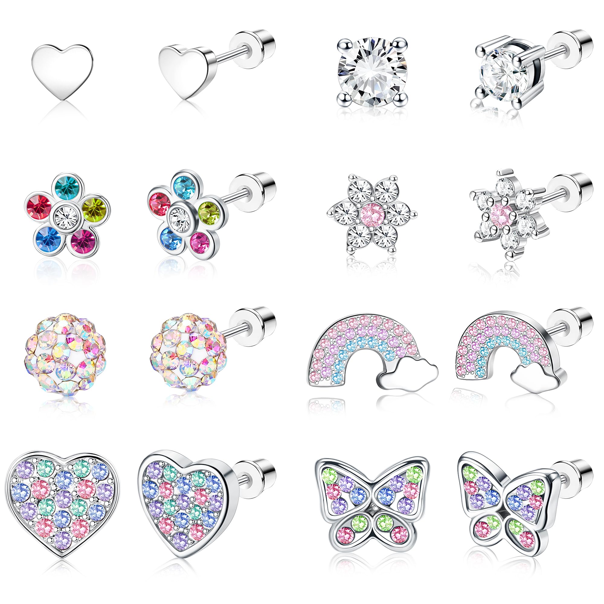 8 Pairs Hypoallergenic Surgical Stainless Steel Stud Earrings - Cute Screw Back Jewelry Set Gift for Girls Women Toddlers Kids Comfortable Fit 20G - Multicolored Pink