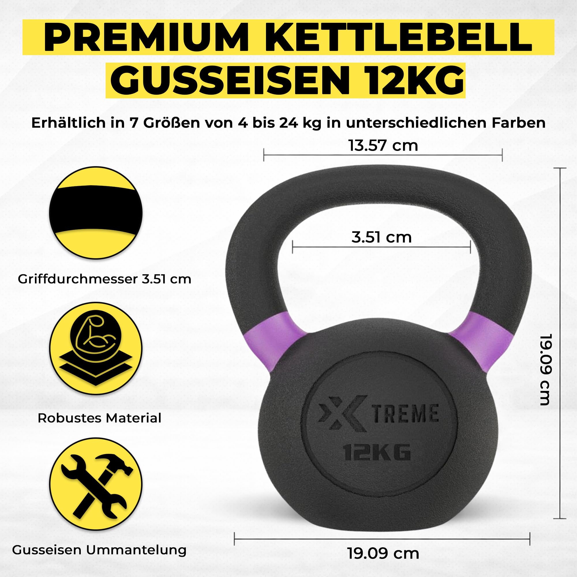 Premium-Kugelhantel 4-24 kg massivem Gusseisen | Kettlebell mit ergonomischem Griff, robuste Kettlebell für das Krafttraining, ideal für CrossFit, HIIT und das Heimtraining