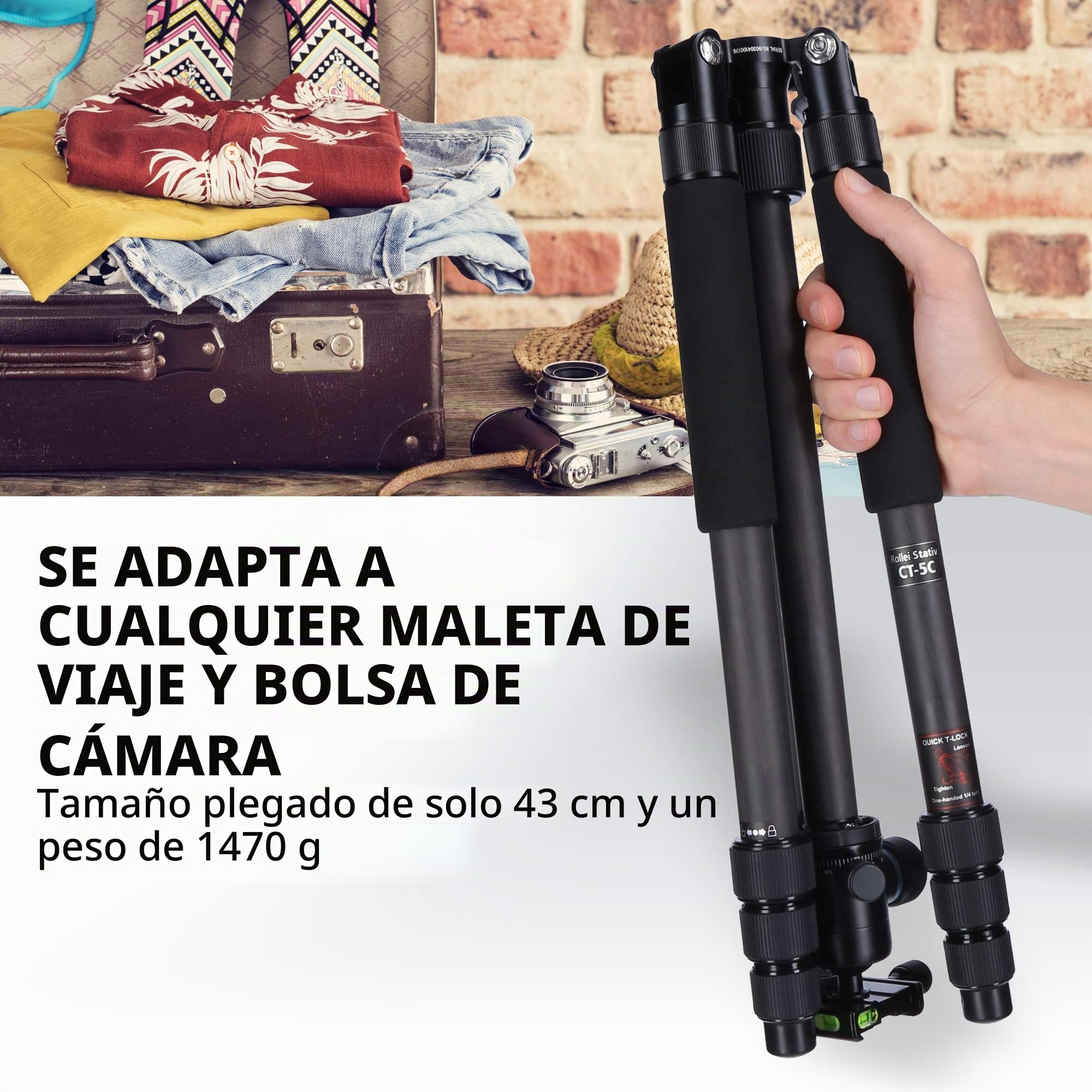 Rollei CT-5C + 52Q - Trípode carbono con cabezal esférico (Arca Swiss compatible, capacidad 8 kg, altura 157 cm), color negro