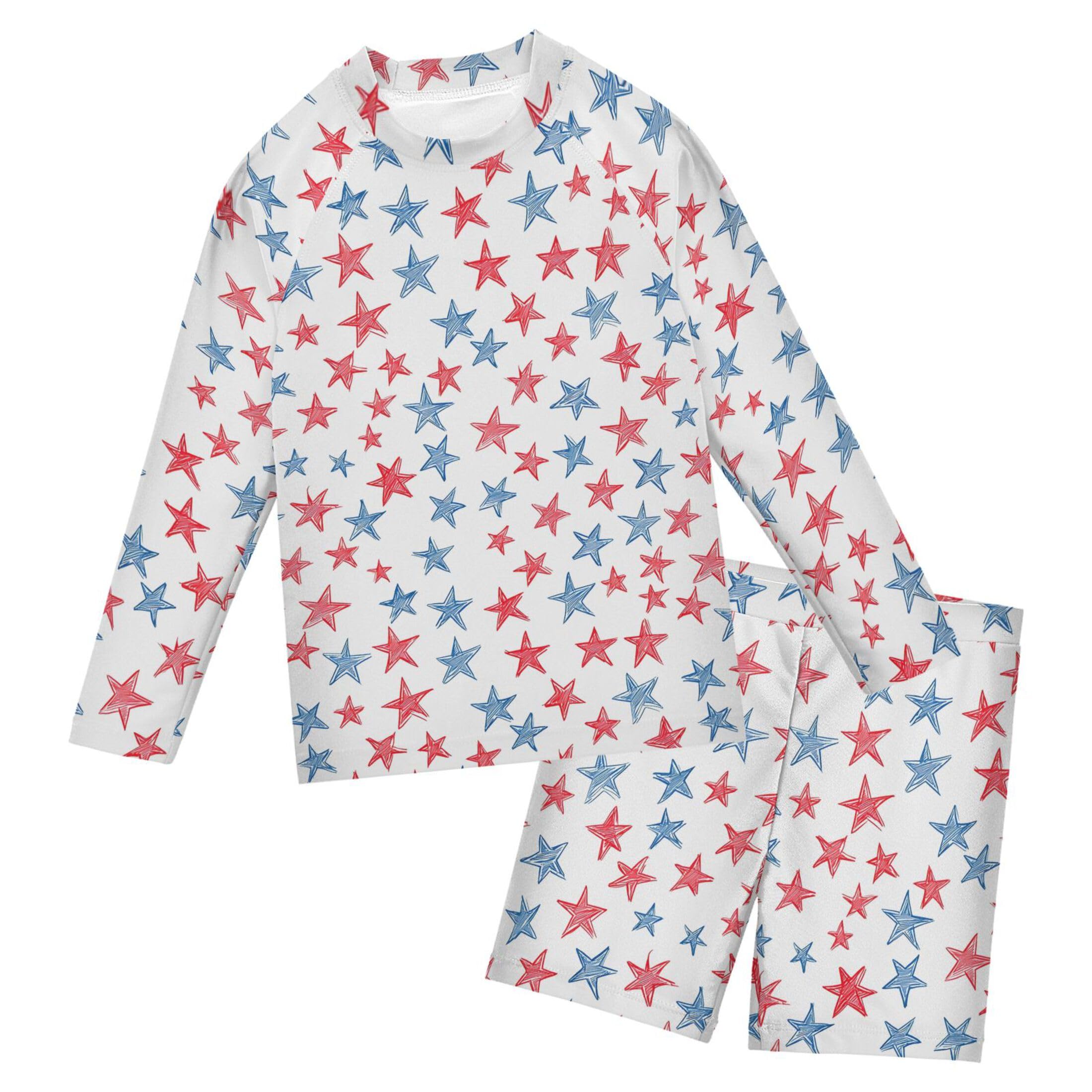 Red Blue Star Toddler and Baby Boys' 2-Piece Swimsuit Trunk, Long Sleeve Rashguard Bathing Suit B0404773