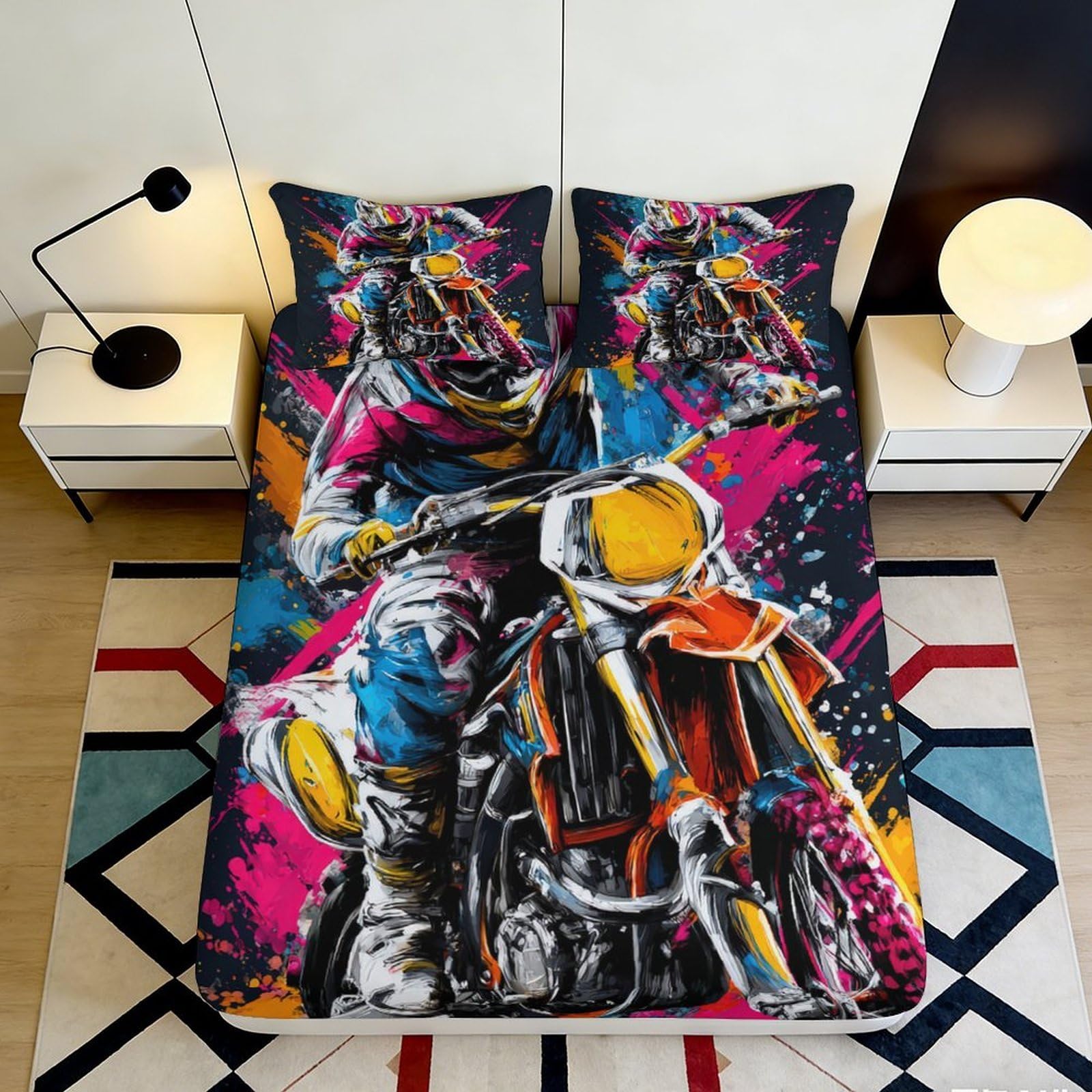 3D Printed Motorbike Rider Fitted Sheet Microfiber Durable Breathable Colorful Bed Cover for Bedroom Dormitory Guest Room Mattress Protection 160x200x25cm