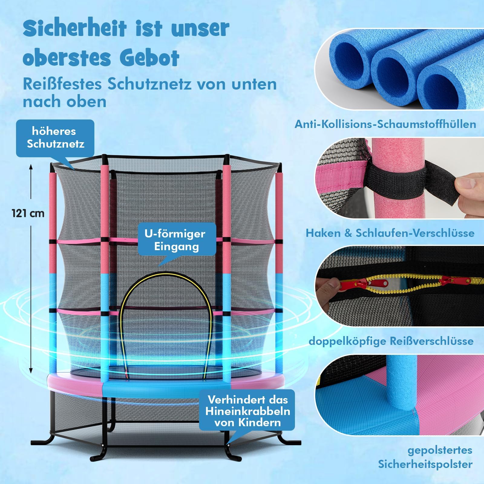 FANTASK Trampolino con rete di sicurezza, trampolino da giardino fino a 135 kg, diametro 165 cm, per interni ed esterni, per bambini dai 3 anni in su