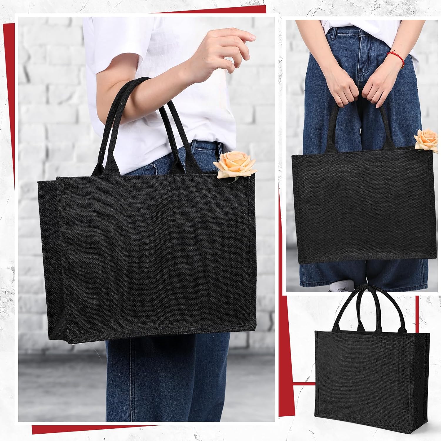 10 Pack Black Burlap Tote Wedding Jute Gift Bags with Handles - Large Reusable Shopping Tote Kitchen Reusable Grocery Bags for Bridesmaid DIY Craft - 15.35 x 5.91 x 12.2 Inch