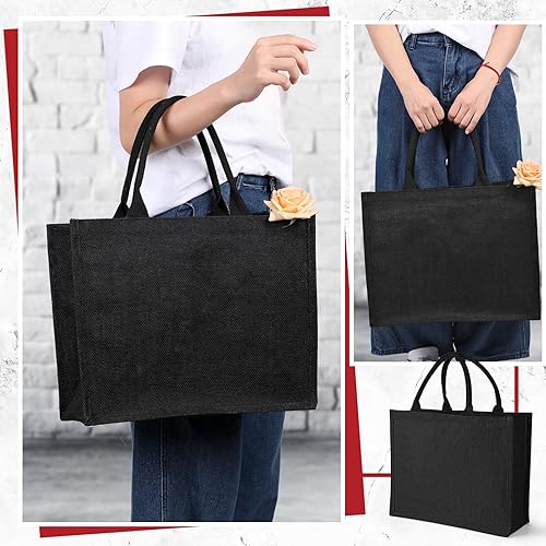 Miniatura 4 de Paquete de 10 bolsas de arpillera negra para regalo de yute de boda con asas, bolsa de compras reutilizable grande para cocina, bolsas de
