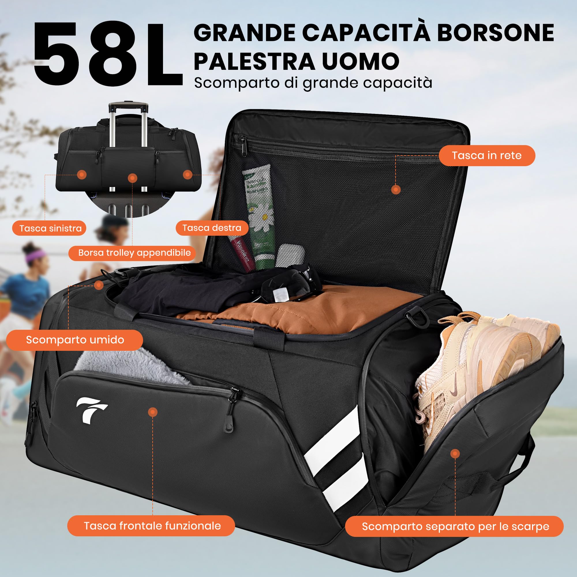 Borsone Palestra Uomo Donna, 58L Borsone per Uomo con Porta Scarpe e Tasca Umida da Viaggio, Spallacci Occultabili, Borsone Palestra Impermeabile per Viaggi, il Fitness, lo Sport, Campeggio
