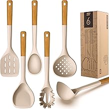 Silicone Cooking Utensils - Kitchen Utensil Set,Slotted/Solid Spoon,Turner,Spatula,Pasta Server,Deep Soup Ladle,Wooden Handles Kitchen Gadgets Tools Set,Non-Stick Cookware Friendly (Khaki)