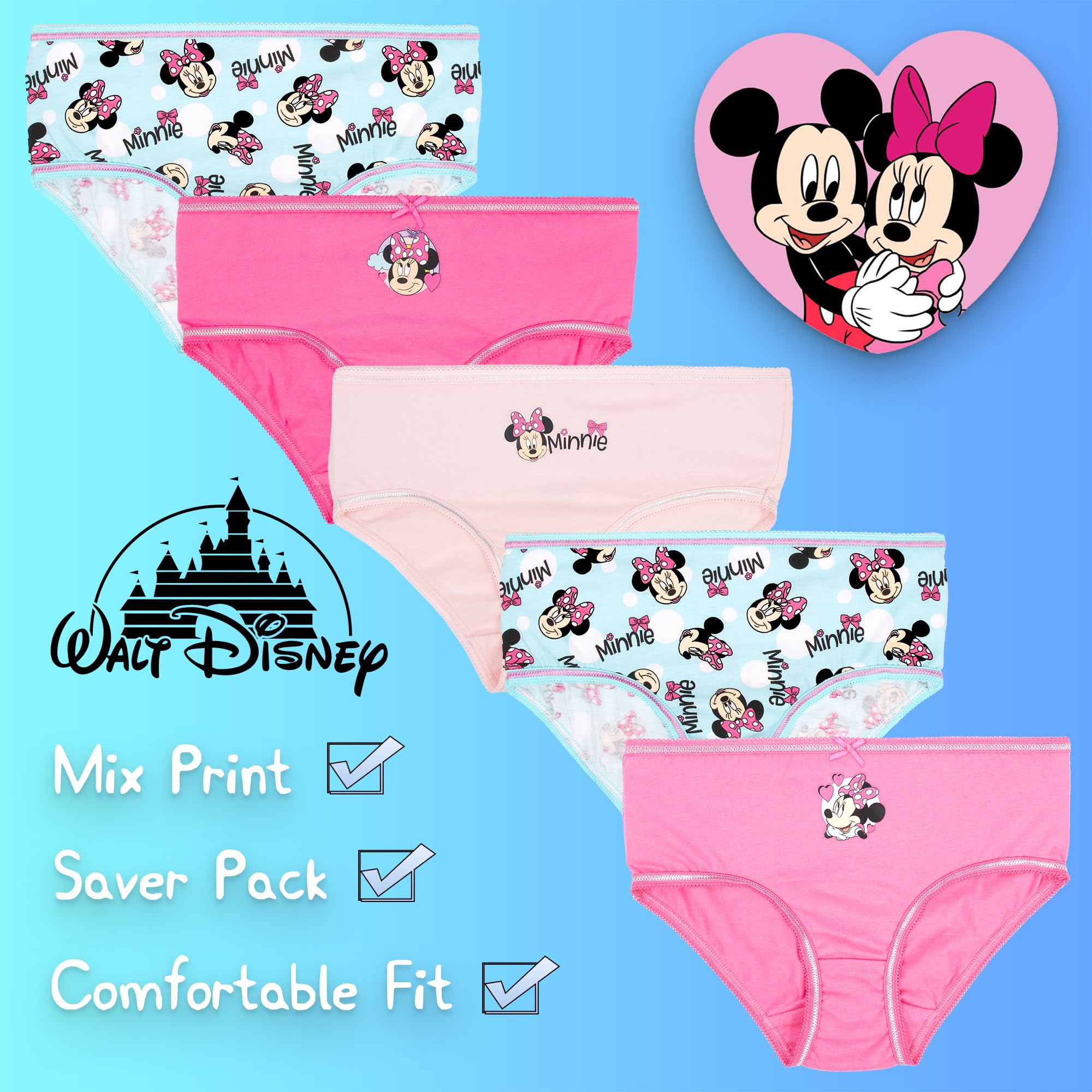 Disney Bragas suaves 100 % algodón para niñas, ropa interior para niñas, paquete de 5 con 5 diseños diferentes, color rosa, edad 5/6