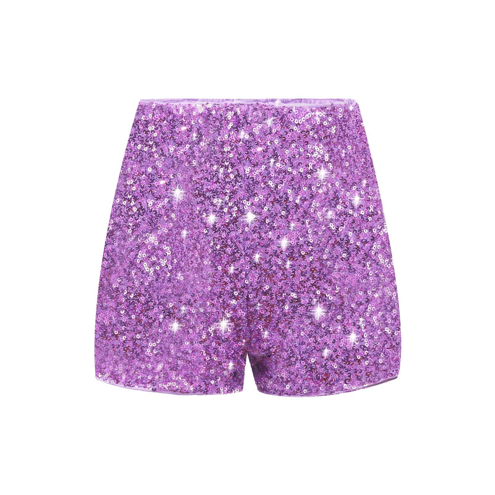 WELAKEN Girls Sequin Shorts Kids Sparkly High Waist Elastic Glitter Party Dance Shorts with
