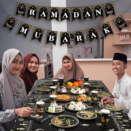 Miniatura 7 de Suministros de fiesta de Ramadán, decoración para el hogar, pancarta de Eid Ramadán Mubarak negro y dorado, platos y servilletas de papel