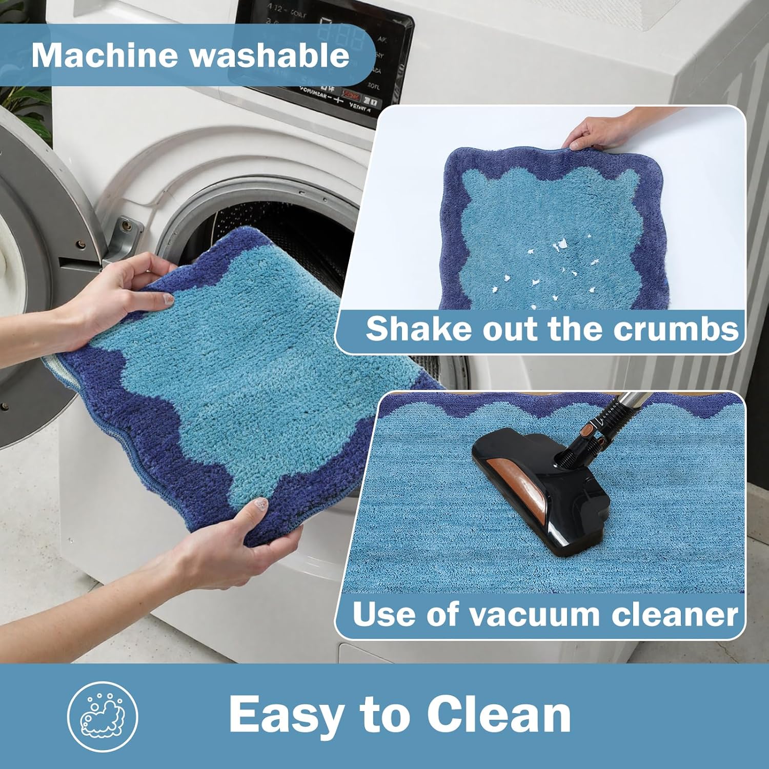 Uphome Bath Mat for Bathroom, 18x26 Cute Blue Scalloped Bathroom Rug Non Slip Washable, Soft Irregular Shaggy Microfiber Absorbent Bathroom Mat for Shower, Floor, Tub, Sink - Image 5