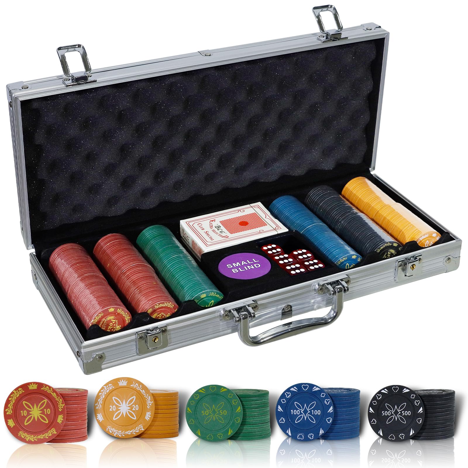 Set da Poker 300/500 Chips di Stampa in Plastica,Valigetta Poker Professionale in Alluminio con mazzi di Carte,Dadi,Pulsante Dealer