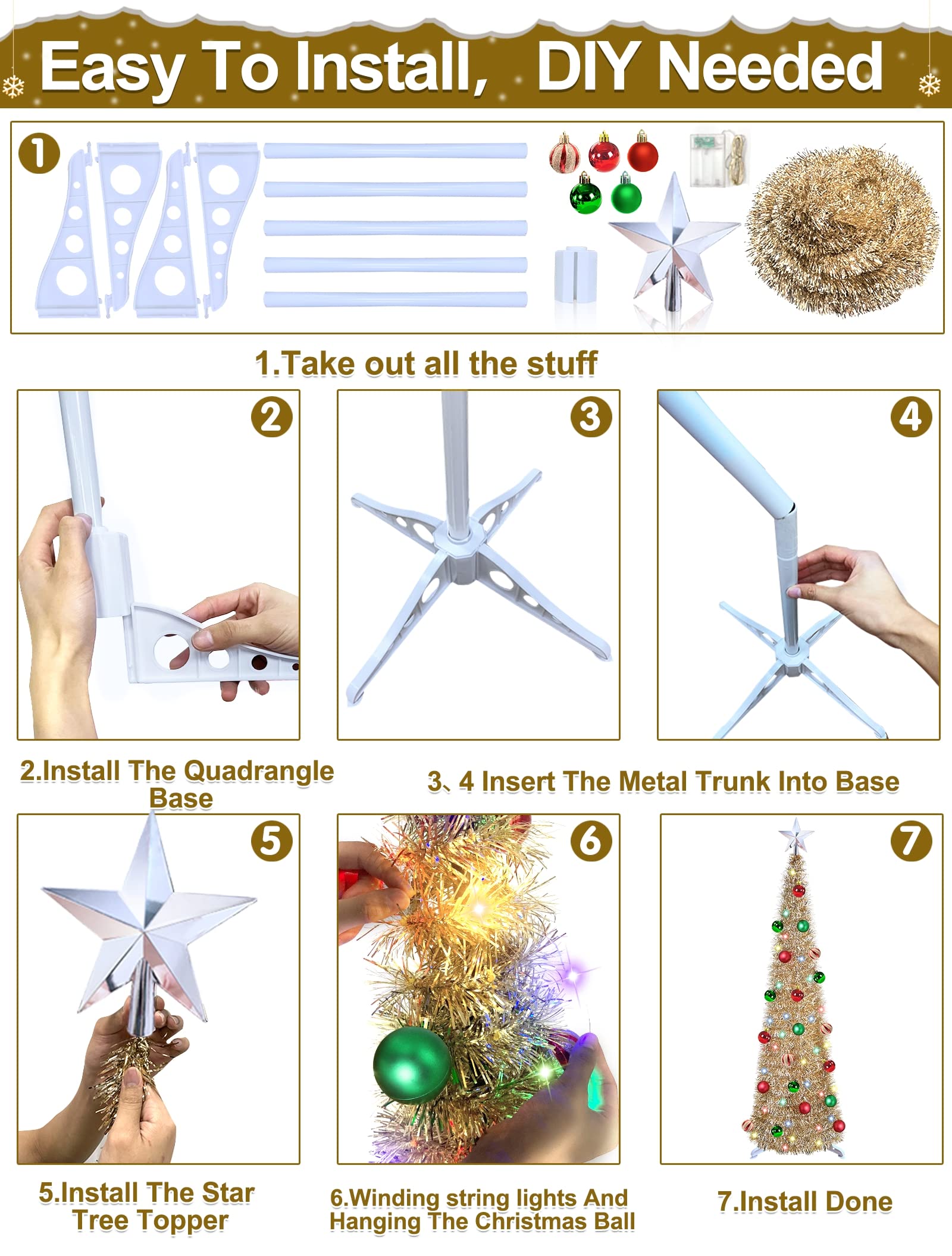 5 Ft Pop Up Christmas Tree Tinsel with 50 Color Lights Timer 3D Star 25 Balls Battery Operated Pencil Slim Artificial Tree Holiday Party Christmas Decoration Home Indoor Outdoor (Champagne Gold)