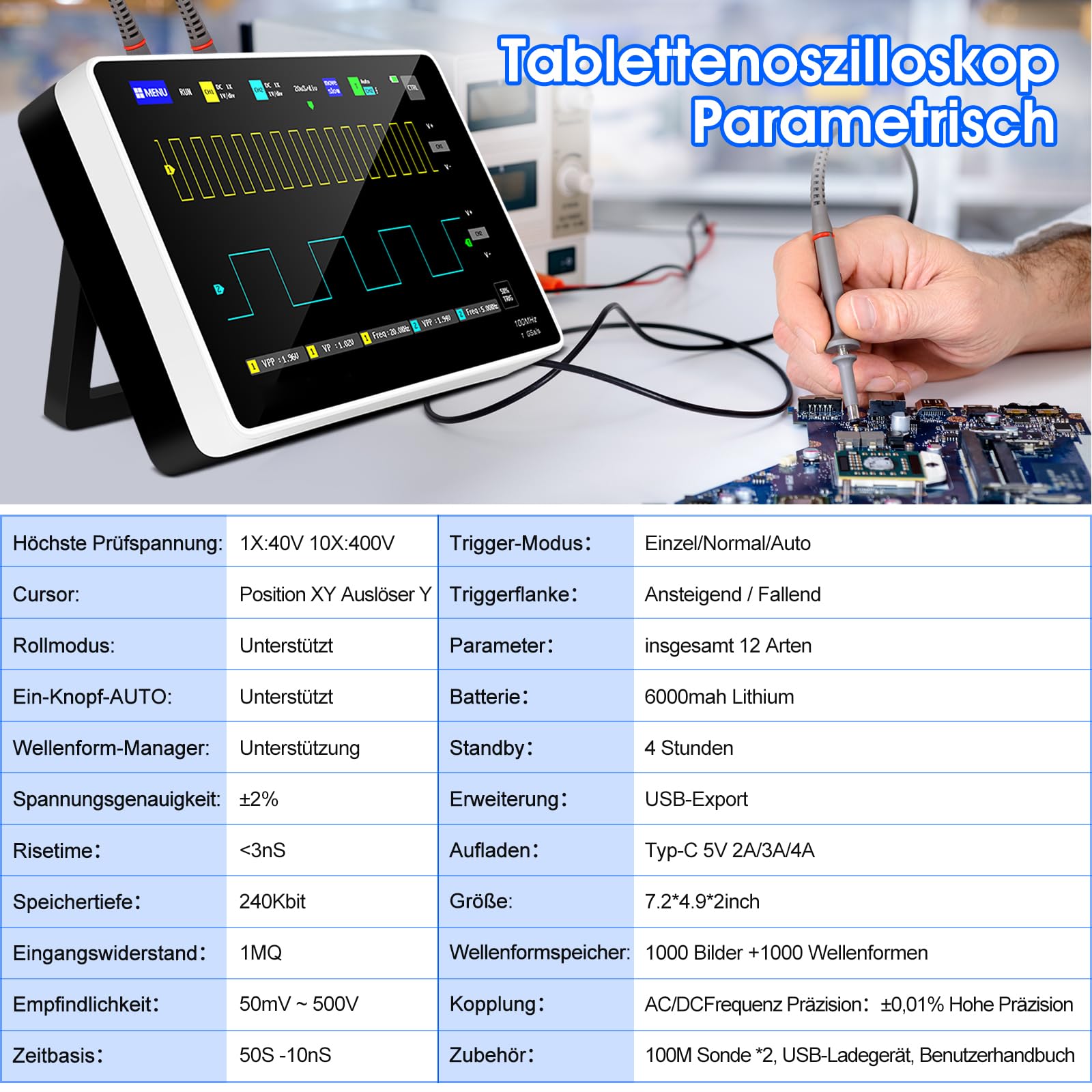 Oszilloskop Multimeter Digitales Handheld Oszilloskop 1013D 2 Kanal 100MHz Bandbreite,LCD Touch Screen,1GSa/s Abtastrate, 1GB Speicher Oscilloscope