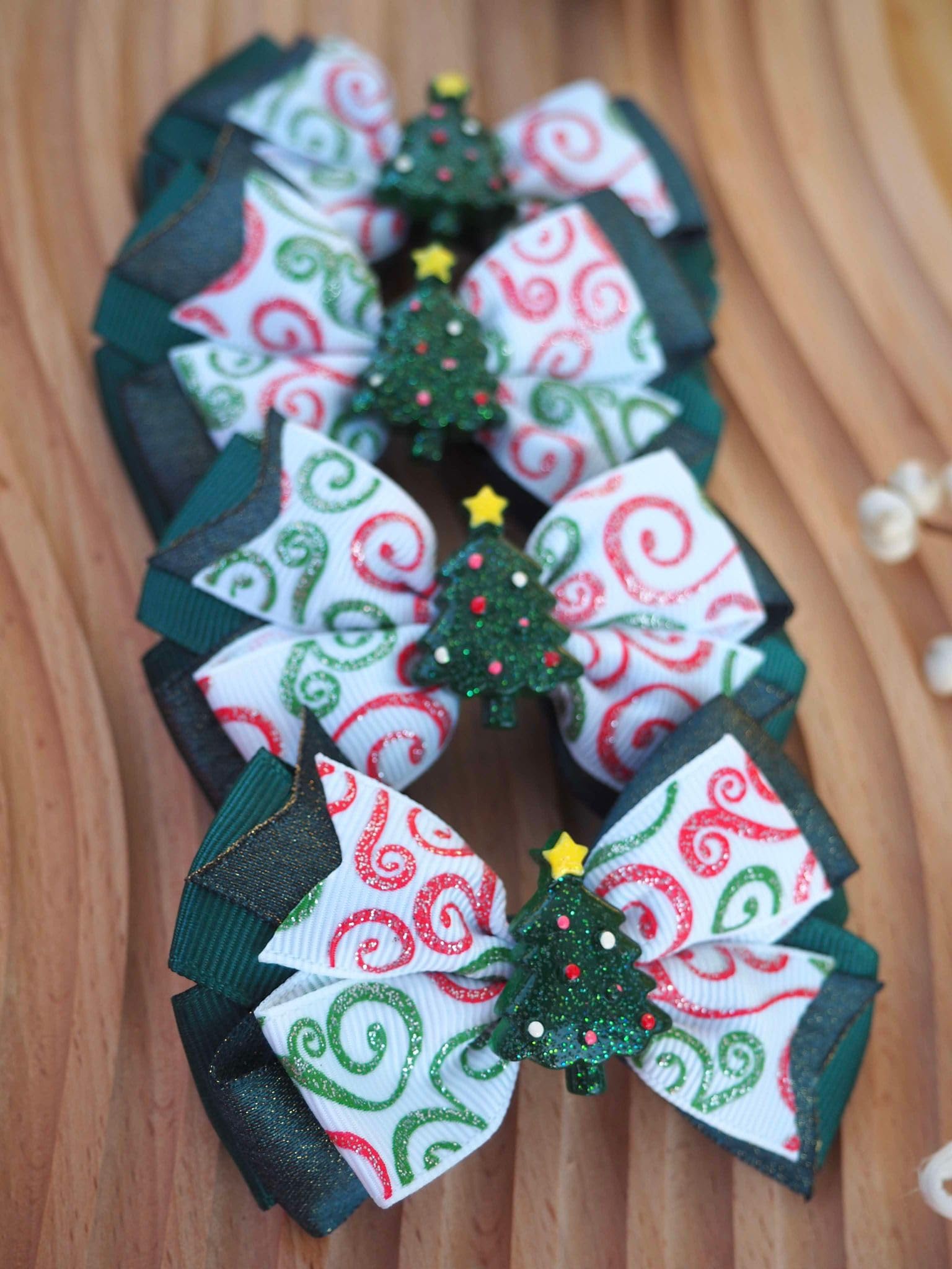MeiMei Christmas Tree Hair Bow with Elastic Bobble, Handmade Girls Hair Tie, Grosgrain Ribbon Hair Accessories - Image 3