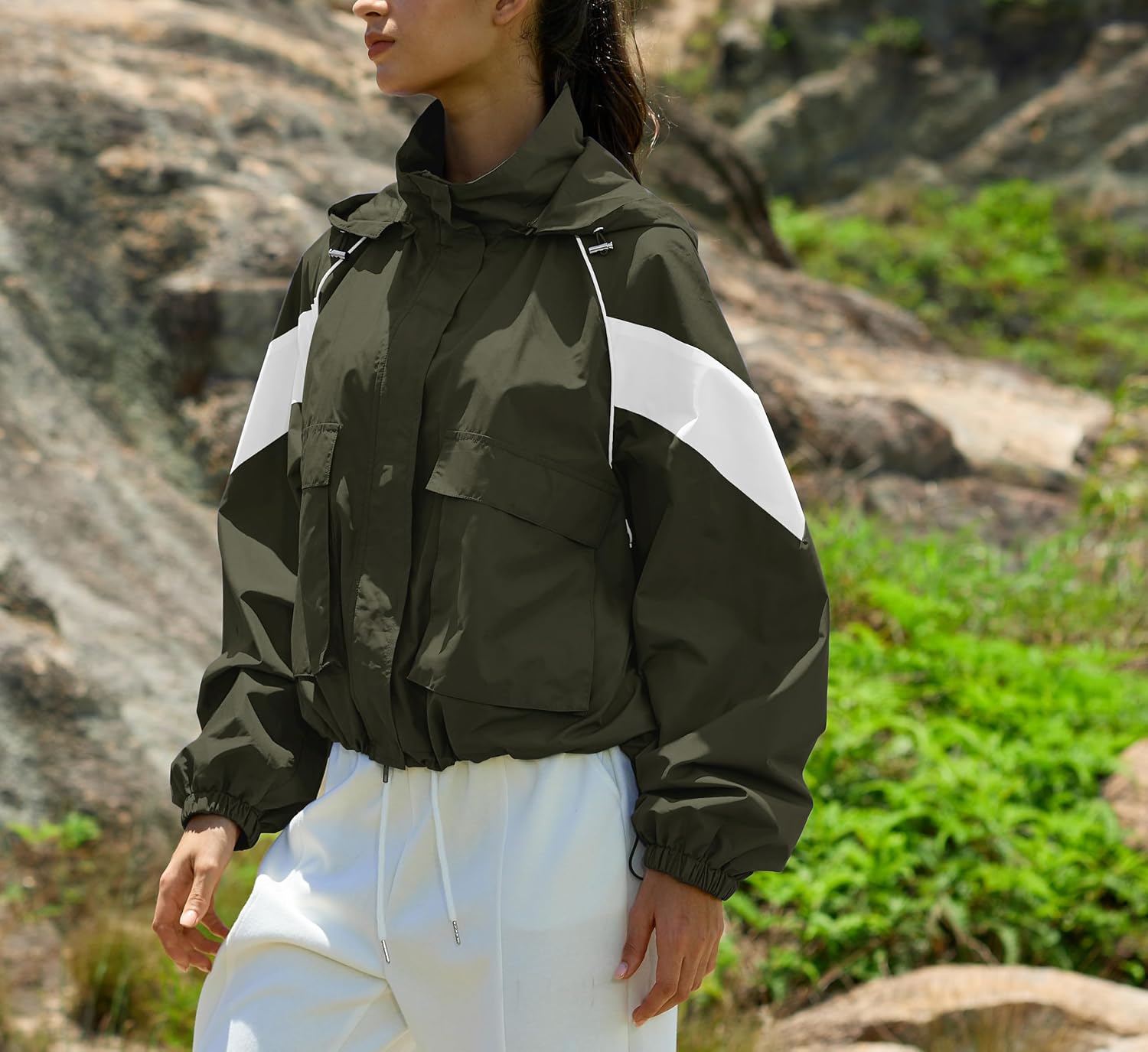 PESION Womens Waterproof Rain Jacket Cropped Lightweight Raincoat Athletic Outdoor Running Hiking Windbreaker Sporty Jackets