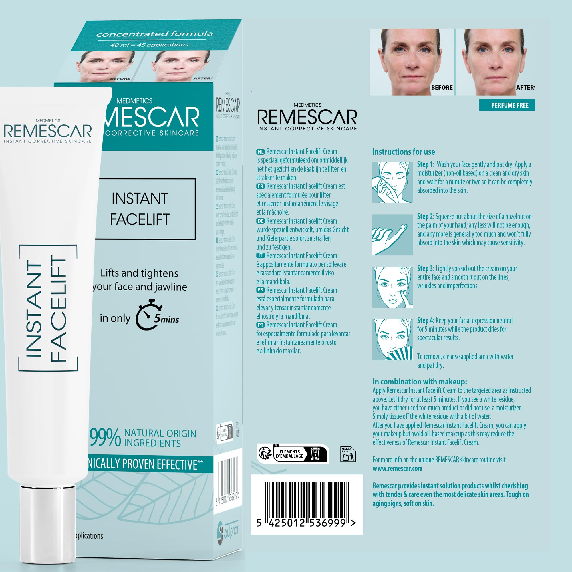 Remescar Crema Lifting Istantaneo Viso 40ml – Fino a 45 Applicazioni – Rassoda e Solleva Viso e Contorno Mascella in 5 Minuti