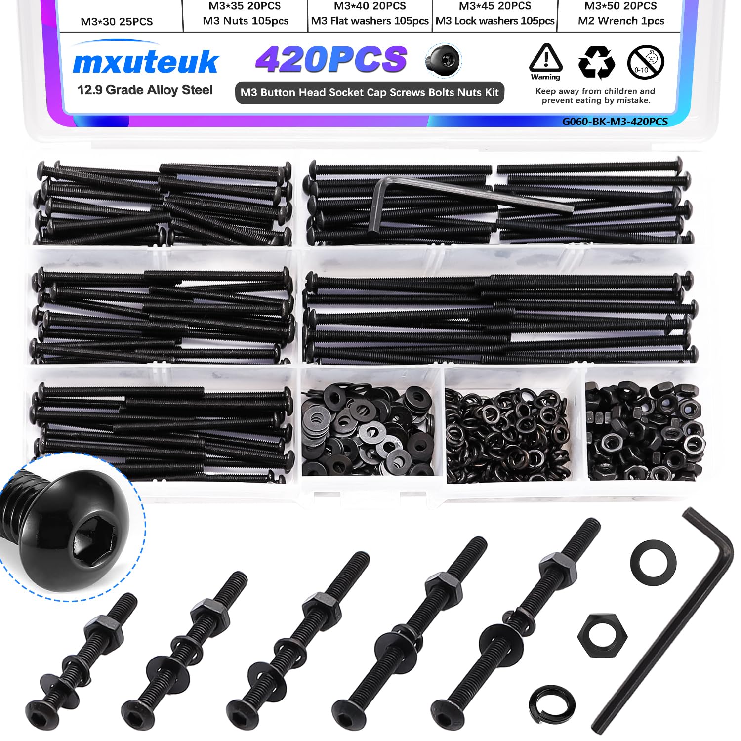 mxuteuk 420PCS M3 Screws,M3x30/35/40/45/50mm Button Head Socket Cap Screws Bolts Nuts Kit,10.9 Grade Alloy Steel M3 Bolts with Hex Wrench