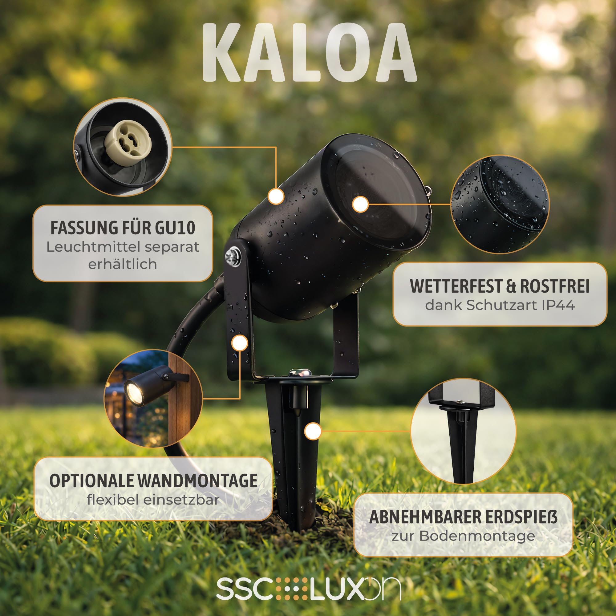 SSC-LUXon 4x KALOA Gartenstrahler mit GU10 Fassung schwenkbar - indirekte Gartenlampe IP44 mit Erdspieß & Kabel für den Direktanschluss an 230V