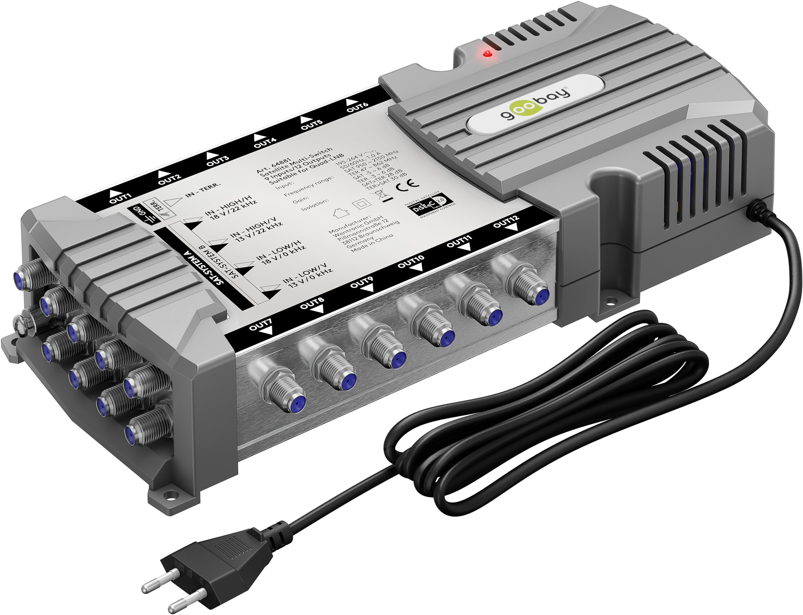 goobay 64881 Multiconmutador satélite/Multiconmutador Compacto / 9 entradas / 12 Salidas / 4K, 8K UHD/Dab+ / para 12 participantes