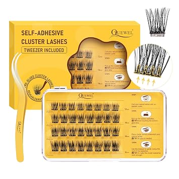 QUEWEL Self Adhesive Eyelashes Natural Look, No Glue Needed Lash Clusters with Eyelash Clusters Tweezer, 32 Pcs Reusable Lashes Self Adhesive for Beginners, DIY Lash Extensions for Home UseZN-03