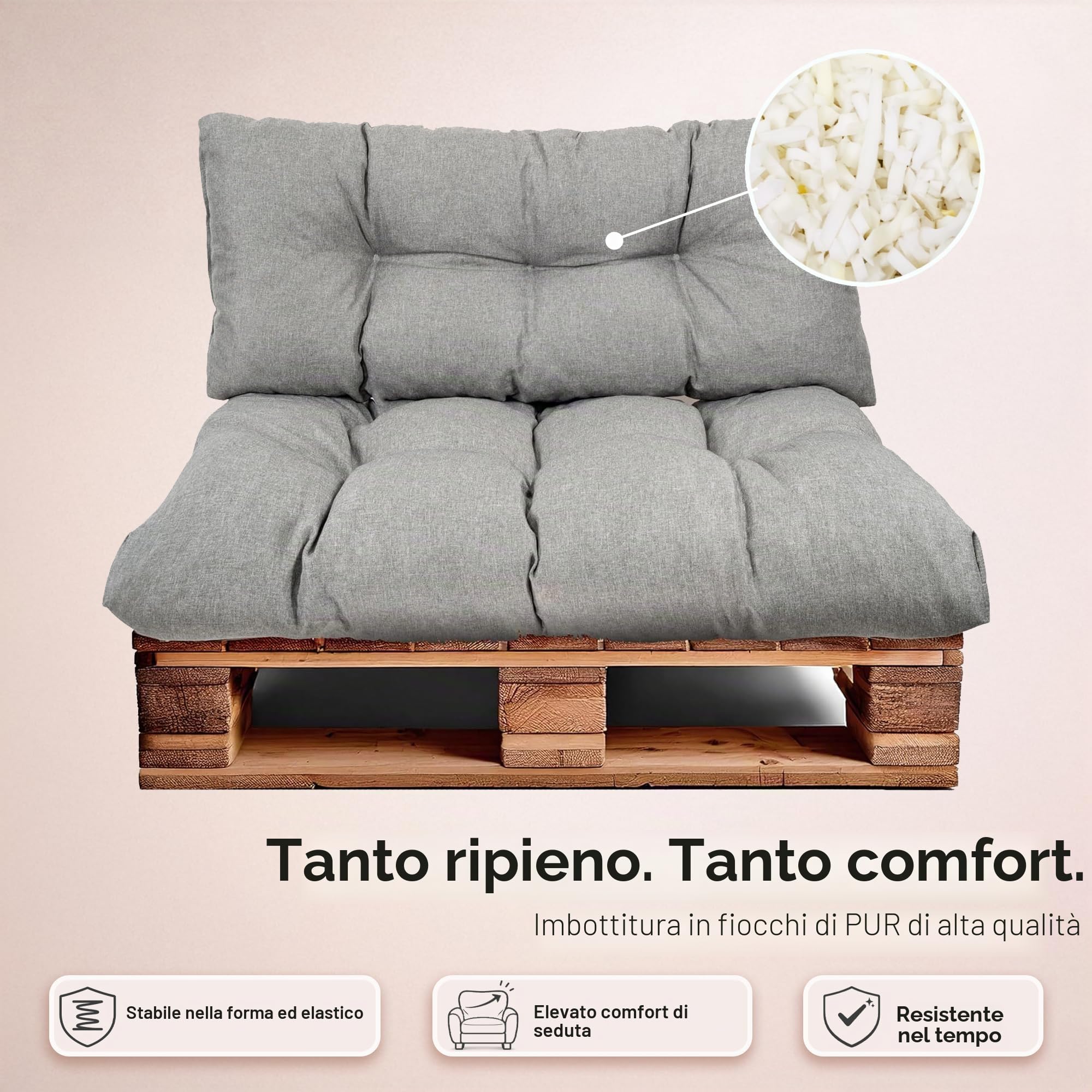 Set di Cuscini per Pallet – Cuscino D’assise per Pallet Europei – Imbottitura con Schiuma Granulare Poulirette – Include Cuscino D’assise 120x80cm + Schienale 120x40cm