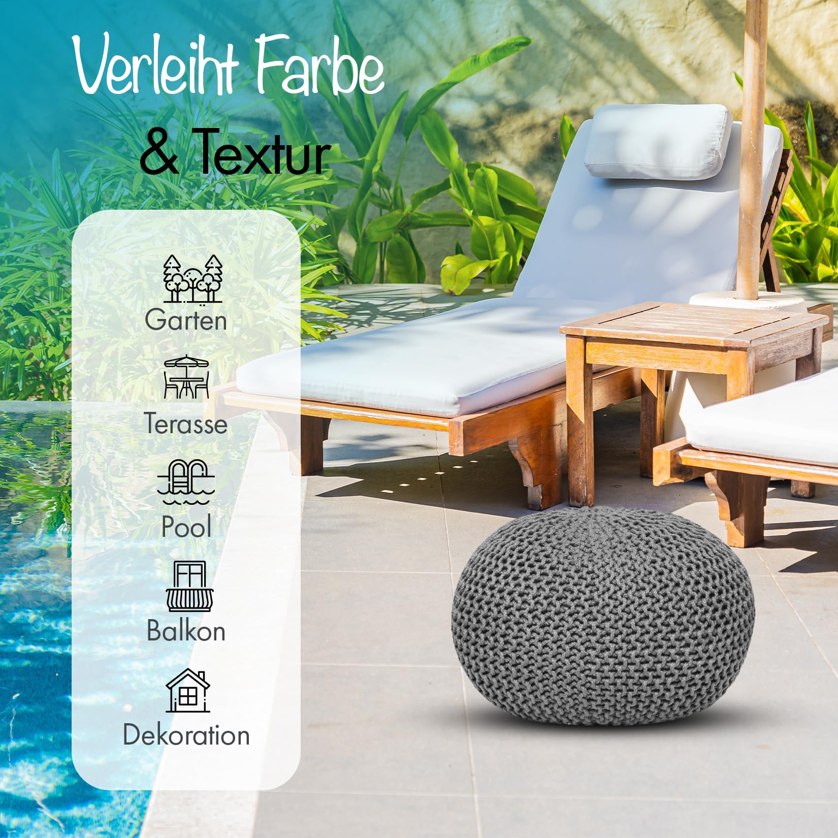 Pouf de haute qualité, imperméable, Ø 55 cm ou 45 cm, pouf pour intérieur et extérieur, effet tricot épais, pour jardin, terrasse, piscine, 100% plastique recyclé (gris argent, Ø 55 cm)