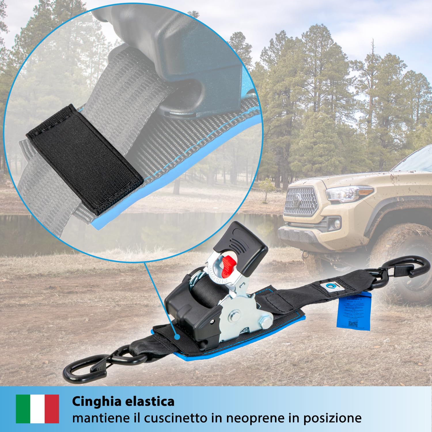 valonic TANUKI - 2x 3m XXL cinghie di fissaggio automatico, 50mm, 650/1300 Kg, imbottito, EN-12195-2 - con gancio, con cricchetto, nero, per moto