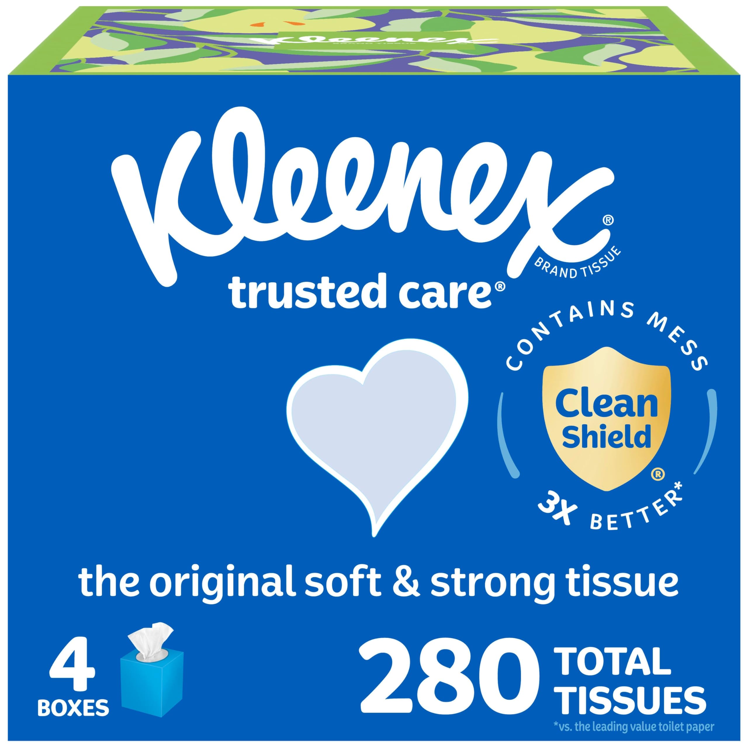 Kleenex Trusted Care Facial Tissues, 4 Cube Boxes, 70 Tissues per Box, 2-Ply (280 Total), Packaging May Vary