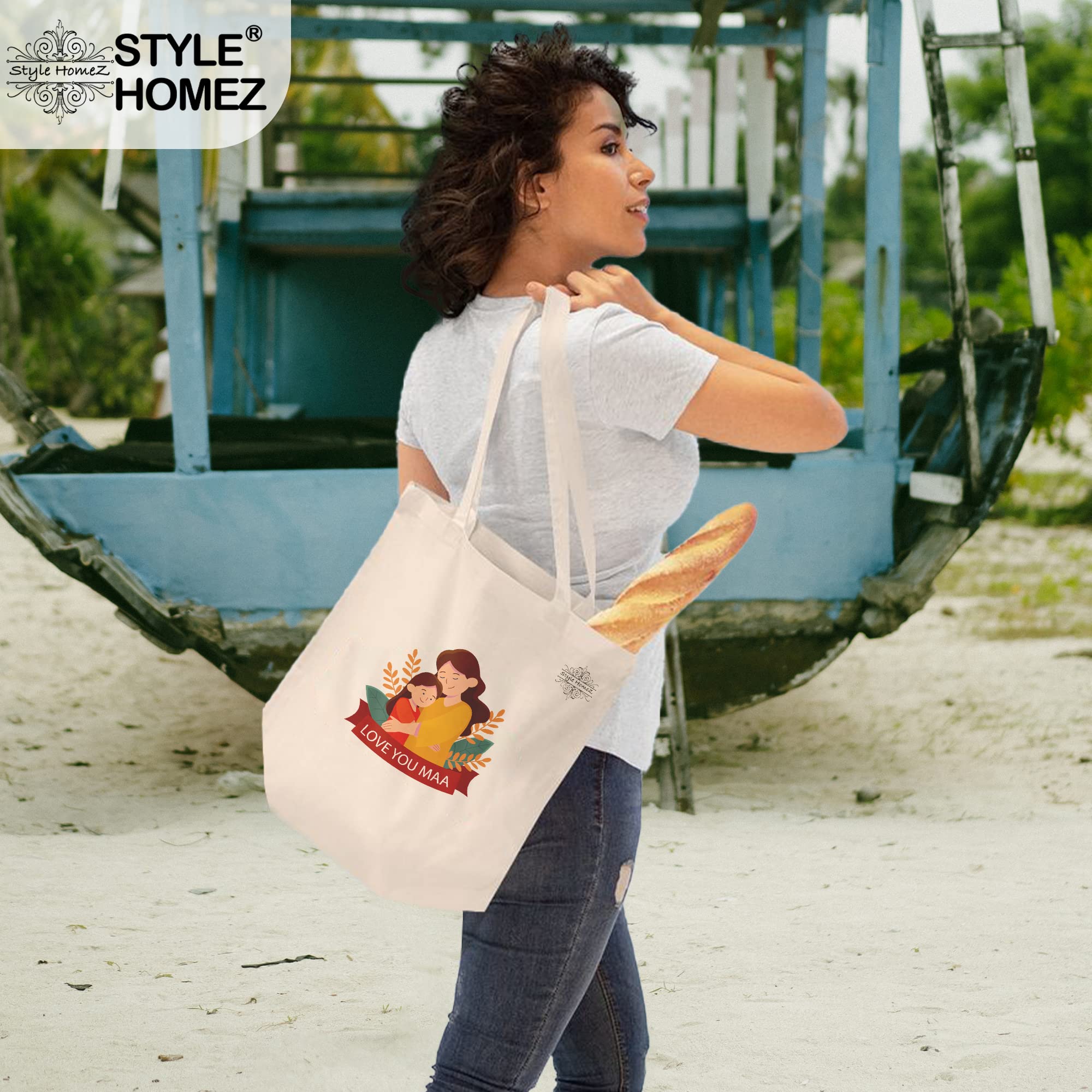 Style Homez Classic Eco-Friendly & Reusable Cotton Canvas Grocery Tote Bag, Medium Size 16 x 14 Inch Natural Color (LOVE YOU MAA) 1