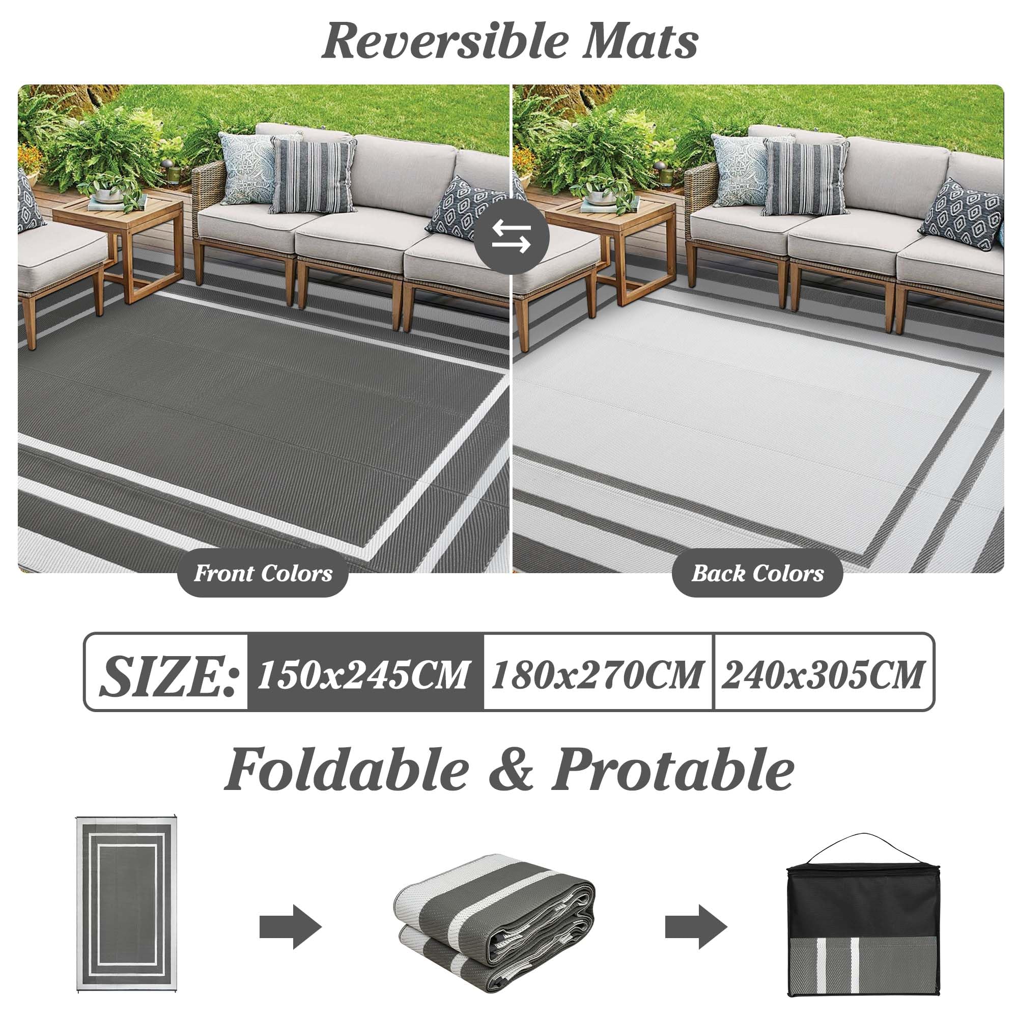 Outdoor Rugs for Patios Grey 150x245cm Waterproof Plastic Picnic Blanket Reversible Garden Rugs Outdoor UV Resistant Lightweight Camping Mat for Beach Balcony Deck Backyard RV BBQ — view 2
