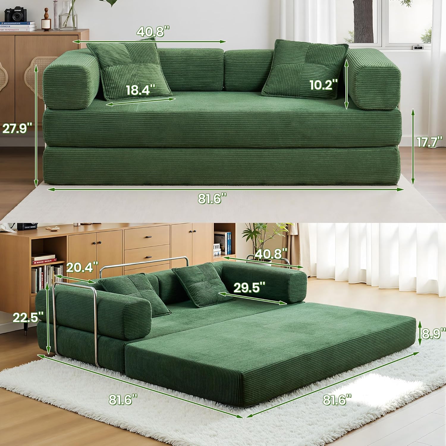 Compression Sofa - 78''Convertible Floor Sofa Bed - with Pillow Back Support Armrest - Comfy Foldable Sofa Bed Compressed Sofa in Box - Corduroy Fabric - for Living Room Bedroom (Emerald)