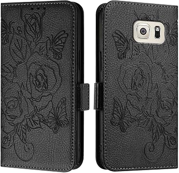 Phone case for Galaxy S6 Edge Case,Wallet Slim PU Leather Phone Flip Folio,Shockproof Protective with Card Holders+Wrist Strap Phone ArmorBlack