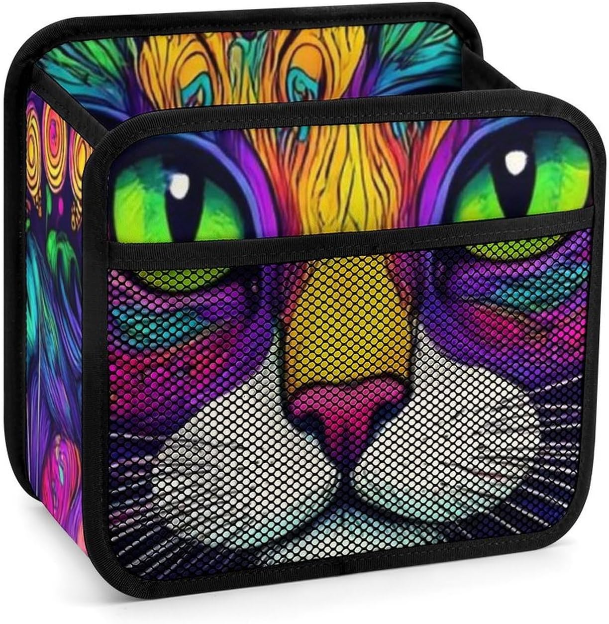 Large Hanging Storage Box Car Seat Storage Organizer Bag With Mesh Pocket Colorful Hippie Cat