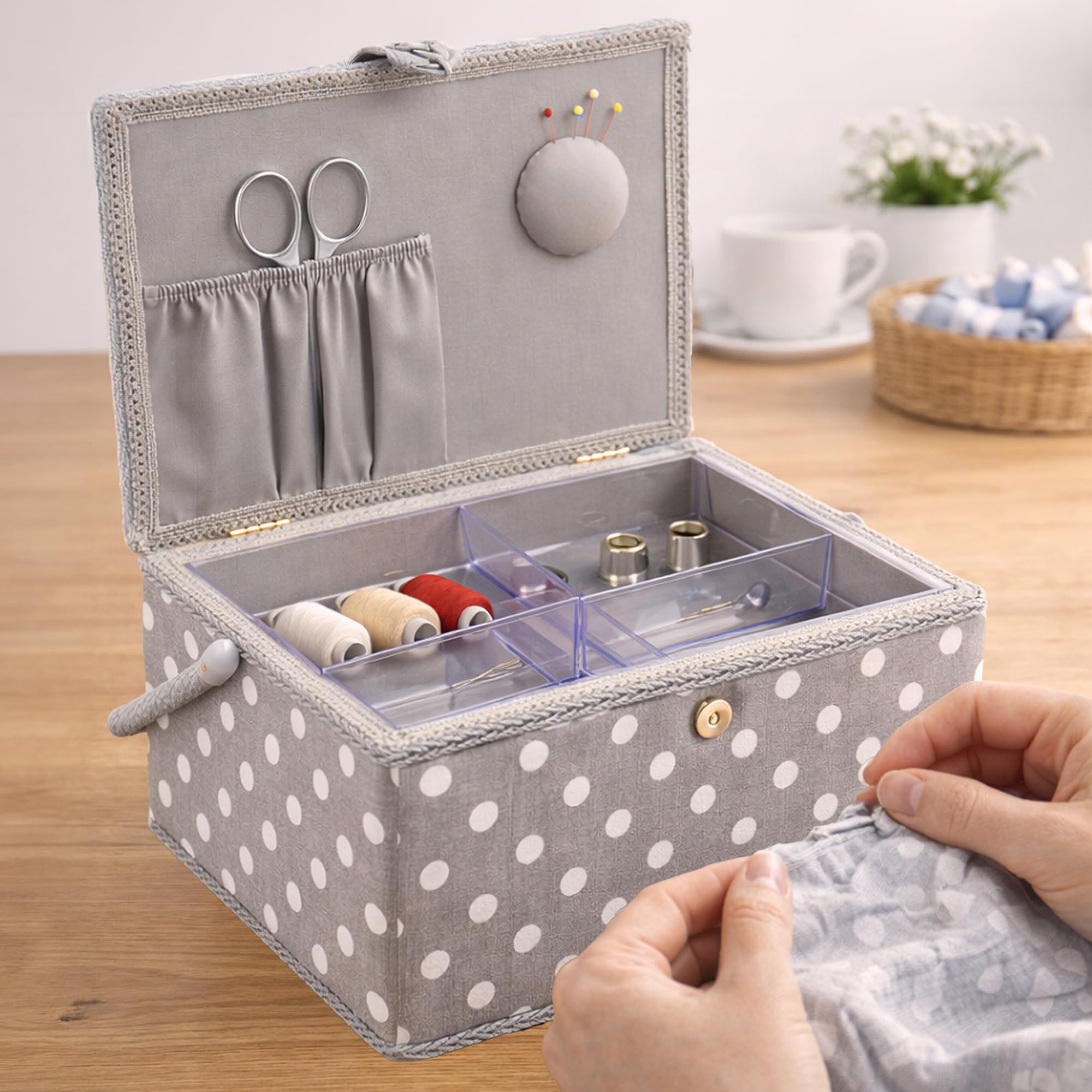 Hobby Gift Exclusif Grande boîte de rangement pour travaux manuels de couture, Gris à Pois