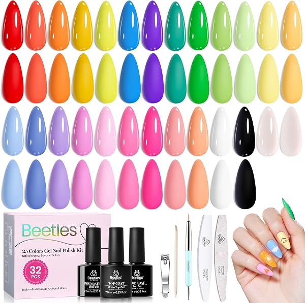 Beetles Summer Gel Polish Set - Doodle Dreams Collection, 25 Summer Colors Neon Rainbow Bright Gel Polish Green Blue Purple Pink Nails with Base Glossy Matte Top Coat UV LED Soak Of Gifts for Women