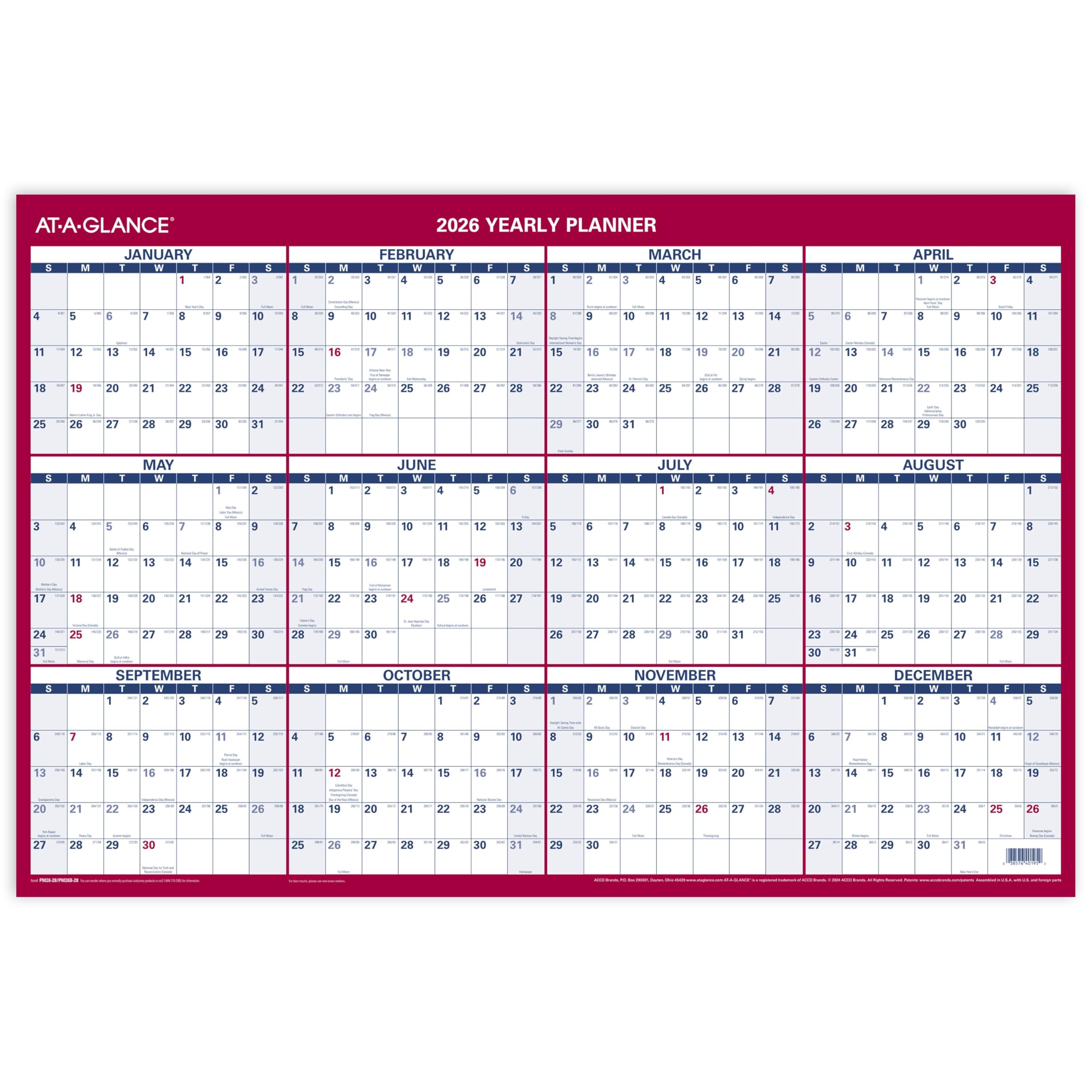 AT-A-GLANCE 2026 Erasable Calendar, Dry Erase Wall Planner, 36\" x 24\", Large, Vertical/Horizontal, Reversible, Includes Marker (PM262826)
