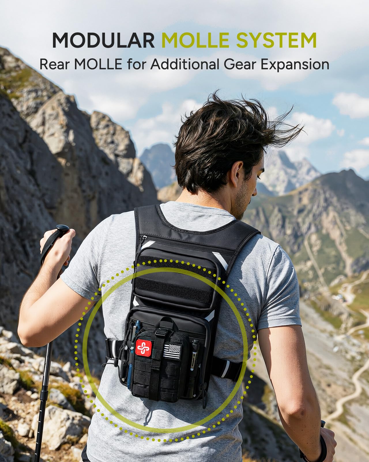 Gilet de course pour homme et femme, sac à dos d'hydratation multi-poches avec poche d'eau de 2 L, rangement modulaire MOLLE, épaules et taille réglables, réfléchissant, respirant pour la randonnée
