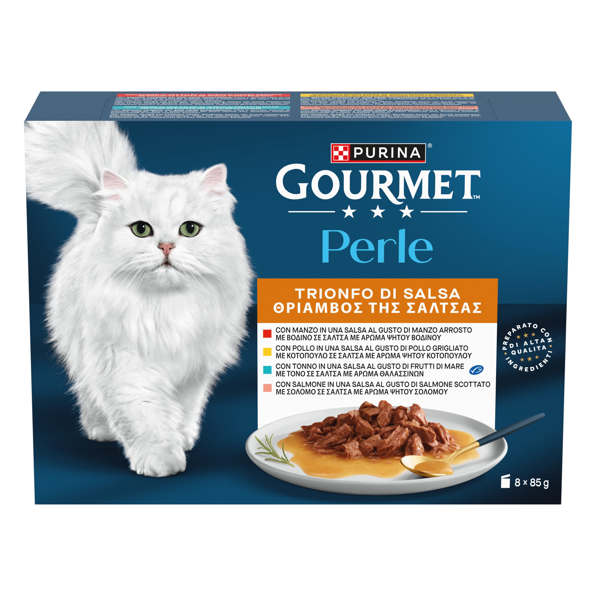 GOURMET Perle Cibo Umido per Gatti Adulti Bocconcini in Salsa con Manzo, Pollo, Tonno e Salmone - 80 Bustine da 85 g