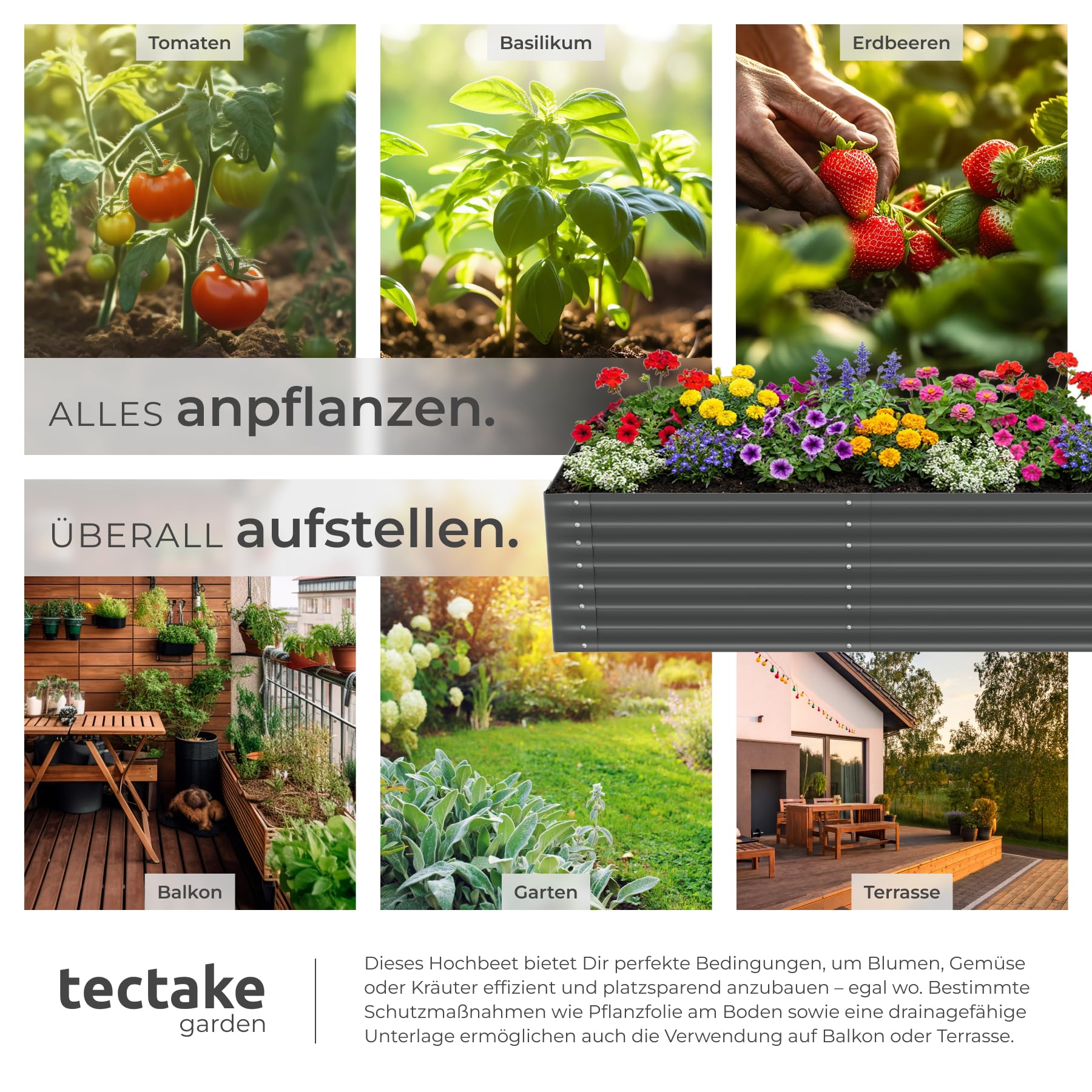 tectake® Hochbeet verzinkter Stahl, 200x80x62 cm, abgerundete Kanten, 970 L, mit Handschuhen, Gartenhochbeet, Pflanzbeet, Gemüsebeet, Kräuterbeet, Pflanzkasten, Gartenbeet, Blumenbeet, Metallhochbeet
